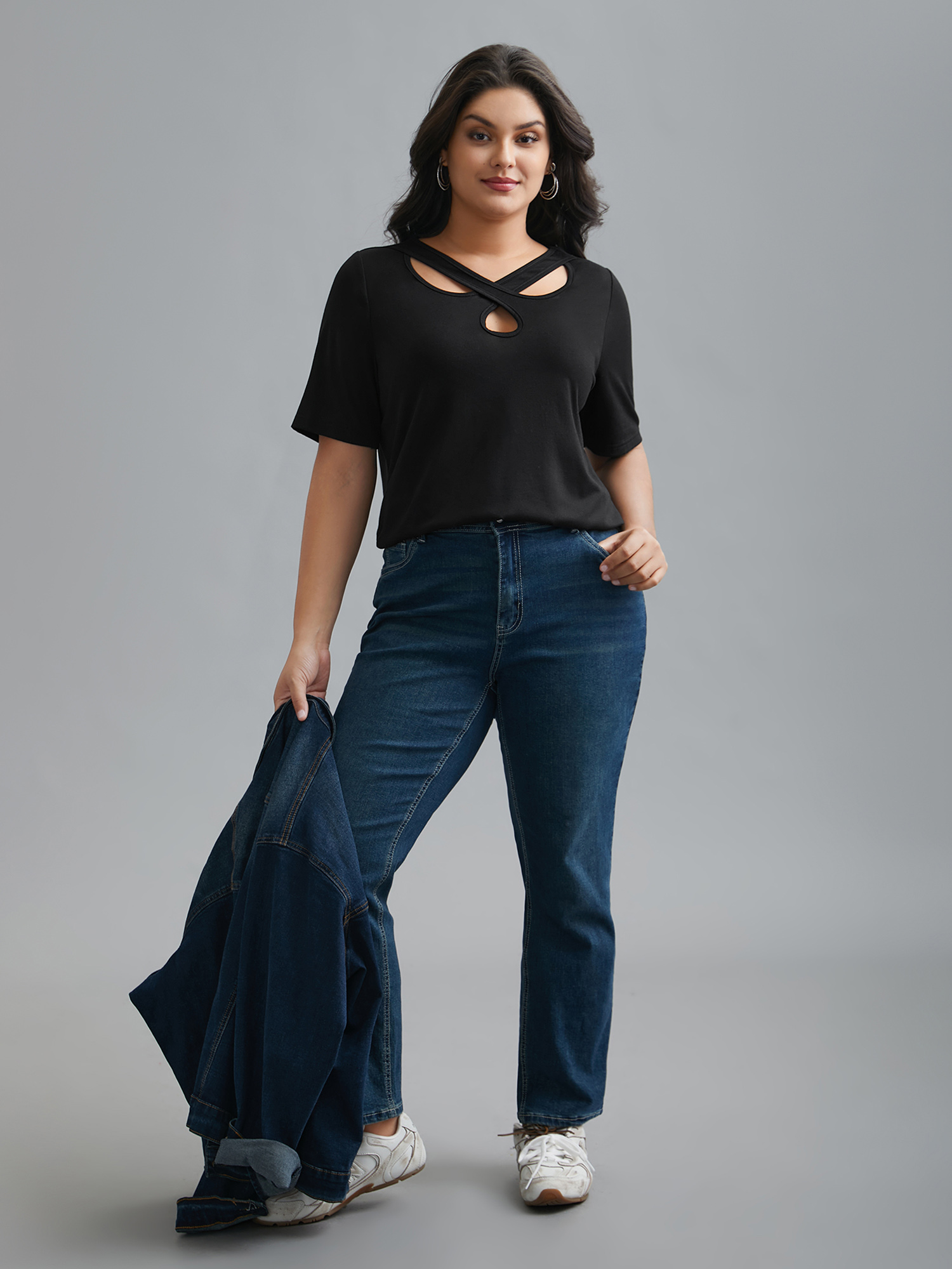 Plus Size Crossover Keyhole Plain Stretchy T-Shirt Black Women Casual Cut-Out Asymmetrical Neck Everyday T-shirts BloomChic 18-20/2X 