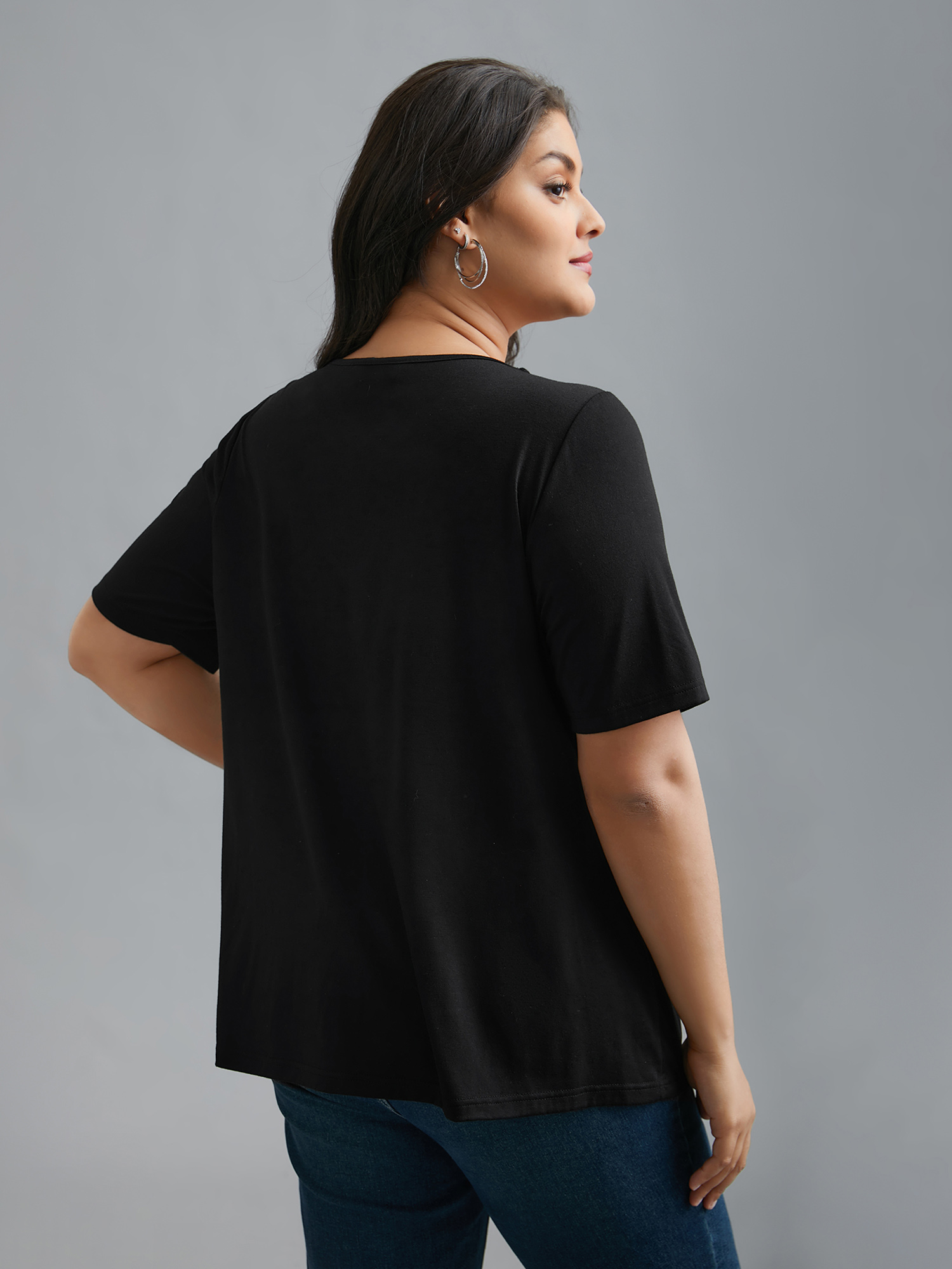 Plus Size Crossover Keyhole Plain Stretchy T-Shirt Black Women Casual Cut-Out Asymmetrical Neck Everyday T-shirts BloomChic 18-20/2X 