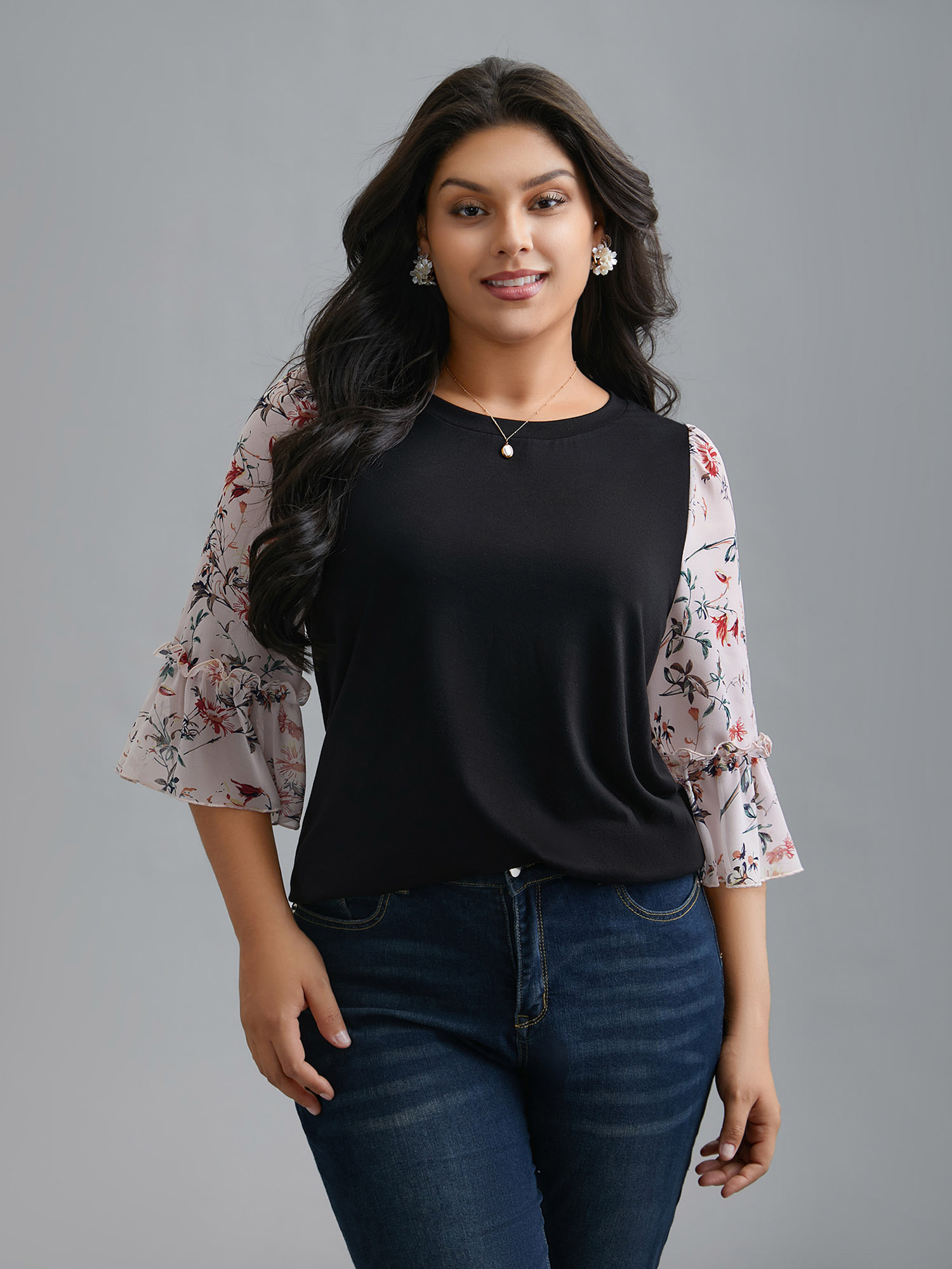 

Plus Size Floral Print Patchwork Ruffle Sleeve T-Shirt Black Women Elegant Contrast Round Neck Everyday T-shirts BloomChic