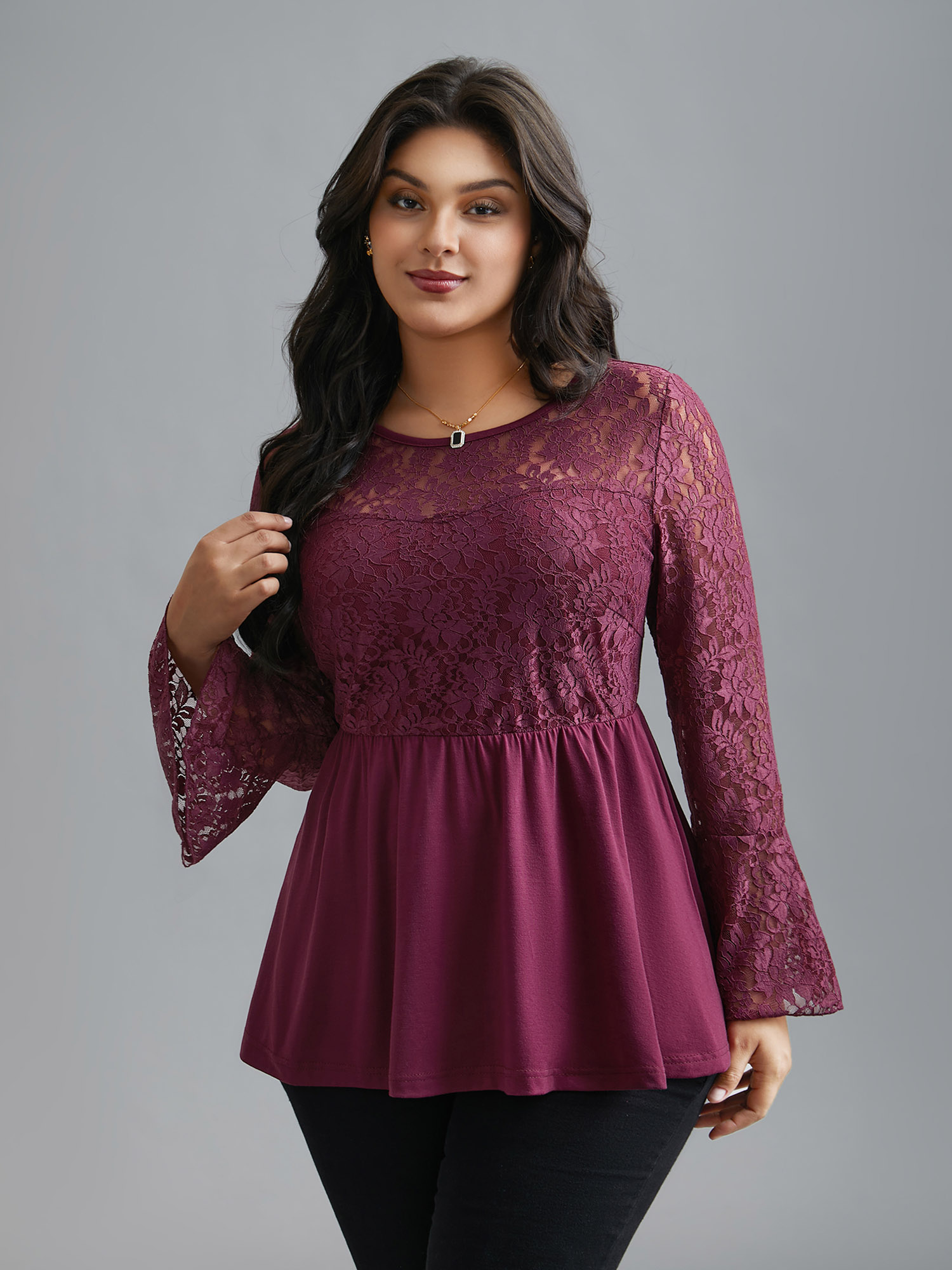 

Plus Size Sheer Lace Knit Micro-Elastic Bell Sleeve Top Plum Round Neck Long Sleeve Elegant Jersey Tops