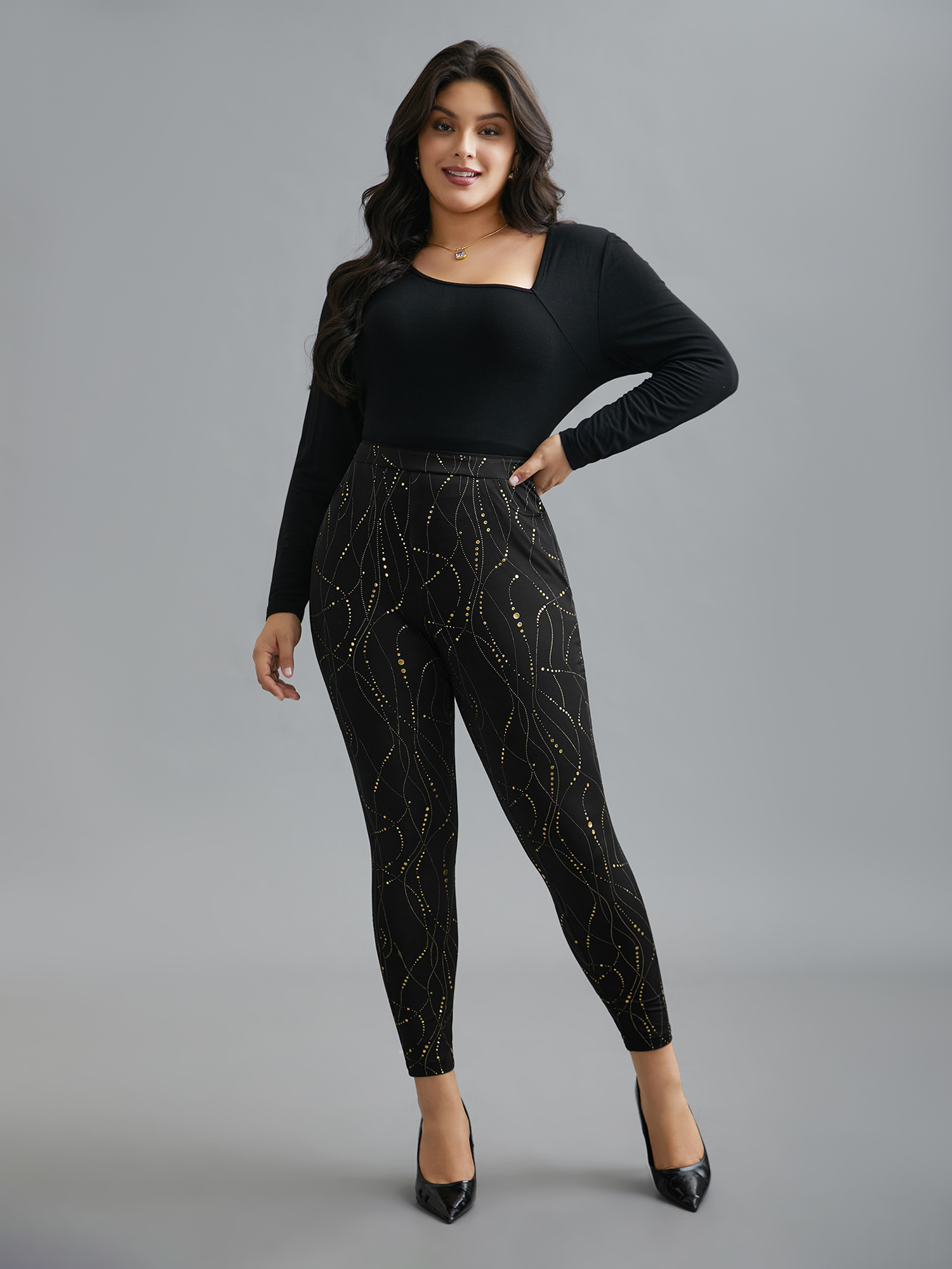 Plus Size Shiny Glitter Skinny Fit Leggings Women Black Elegant High stretch Skinny Mid Rise Everyday Leggings BloomChic 26/4X 