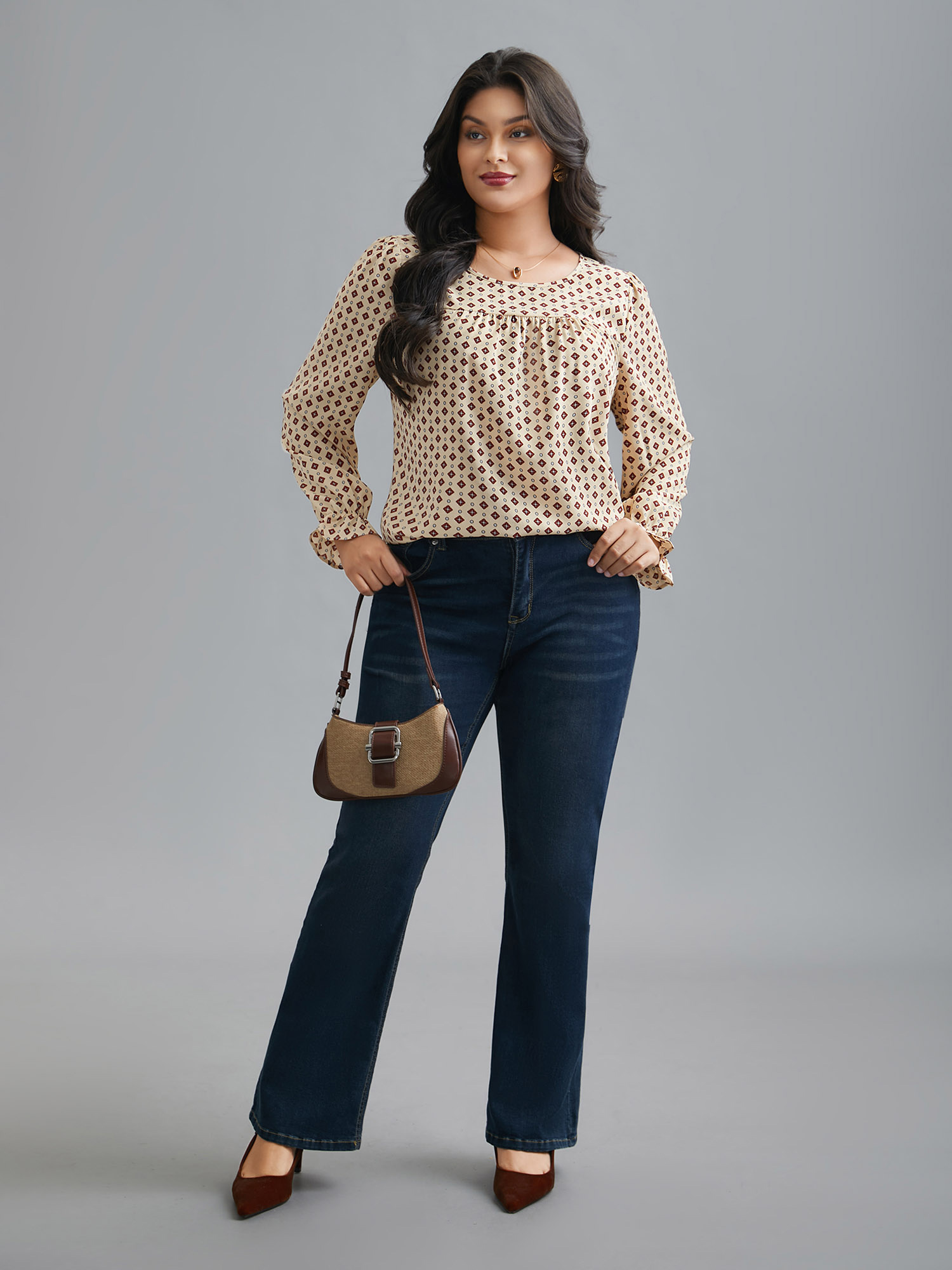 Plus Size Apricot Round Neck Geometric Print Pleated Blouse Women At the Office Long Sleeve Round Neck Work Blouses BloomChic 12/L 