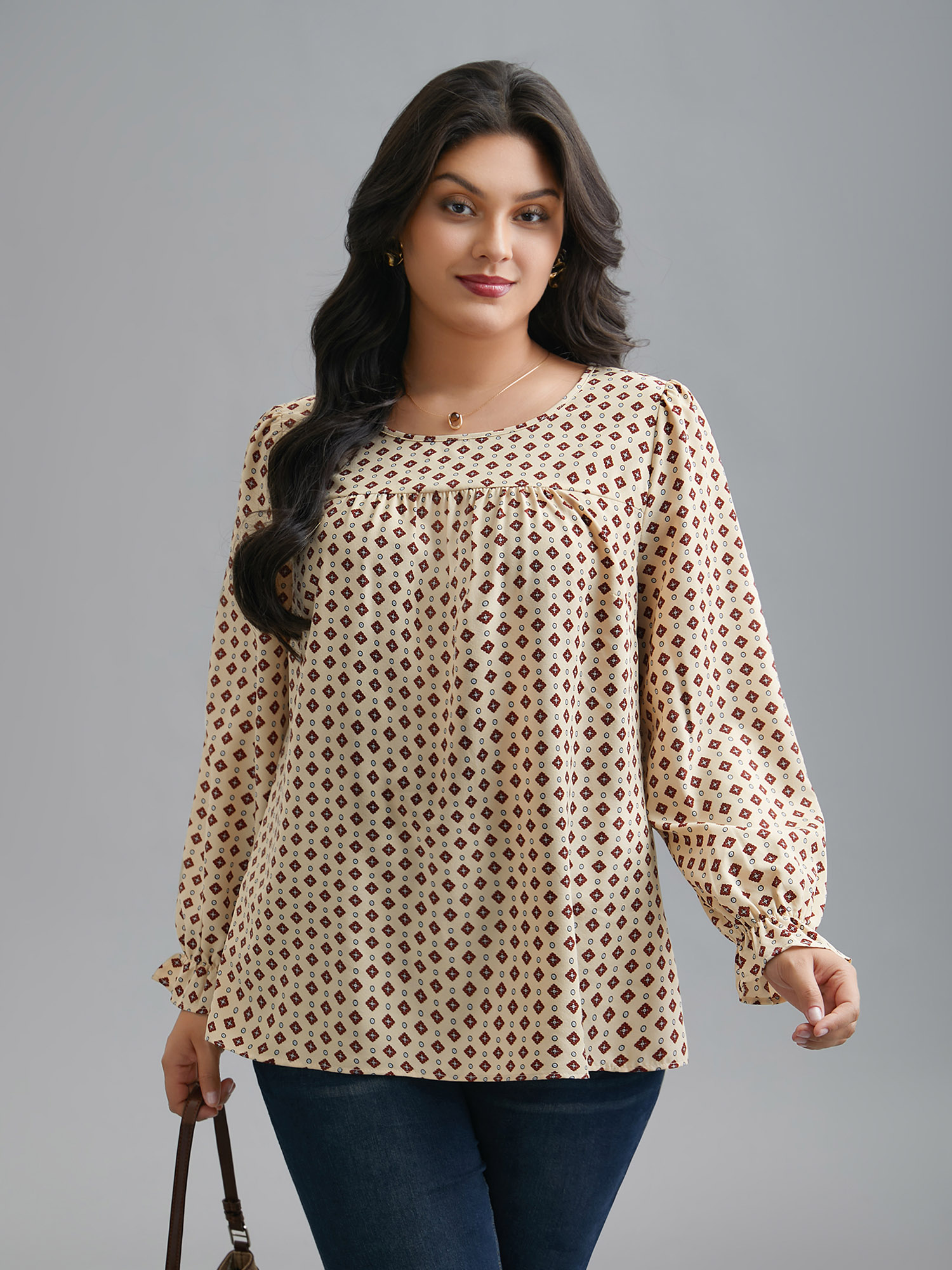 Plus Size Apricot Round Neck Geometric Print Pleated Blouse Women At the Office Long Sleeve Round Neck Work Blouses BloomChic 12/L 