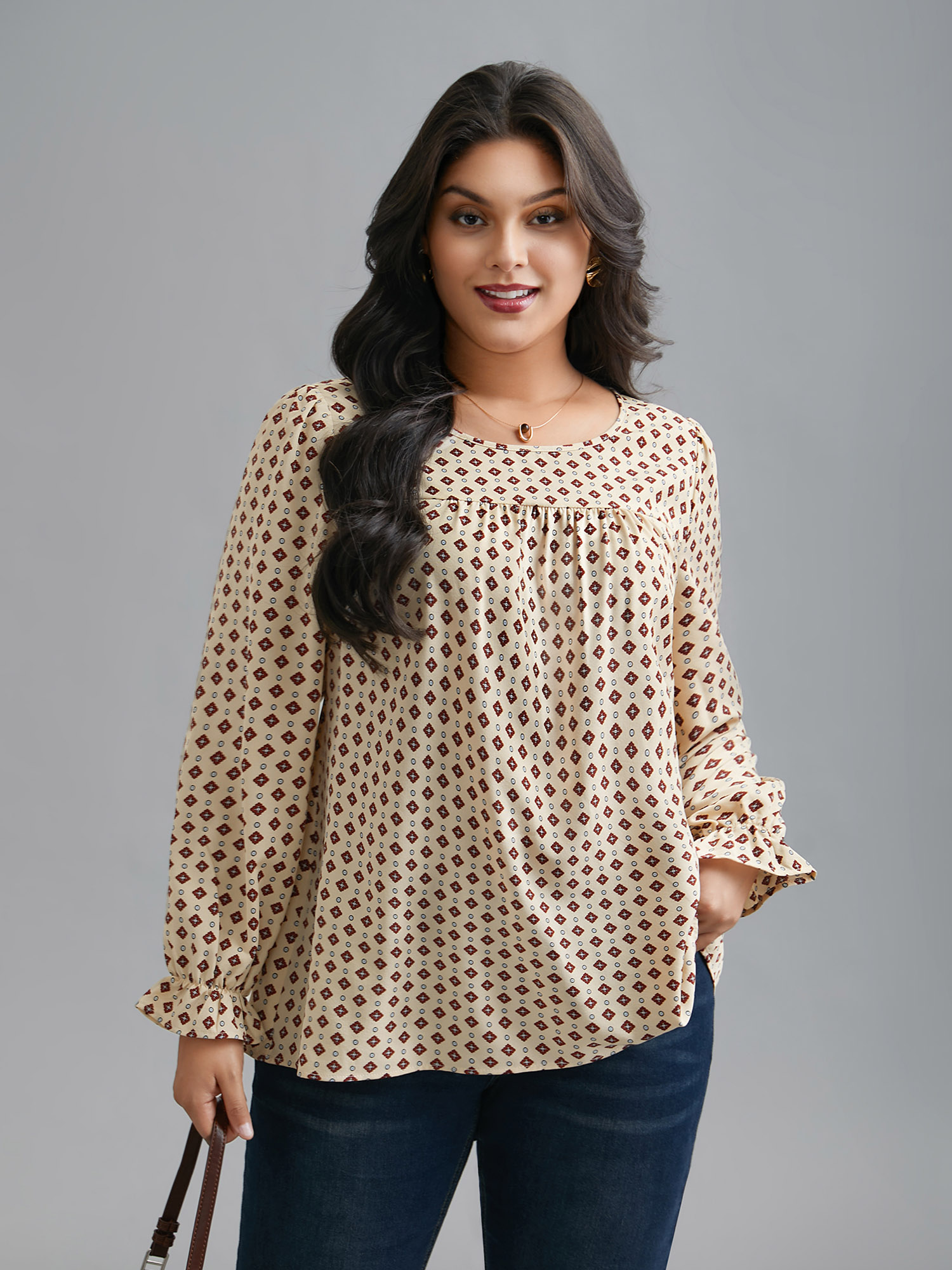Plus Size Apricot Round Neck Geometric Print Pleated Blouse Women At the Office Long Sleeve Round Neck Work Blouses BloomChic 12/L 