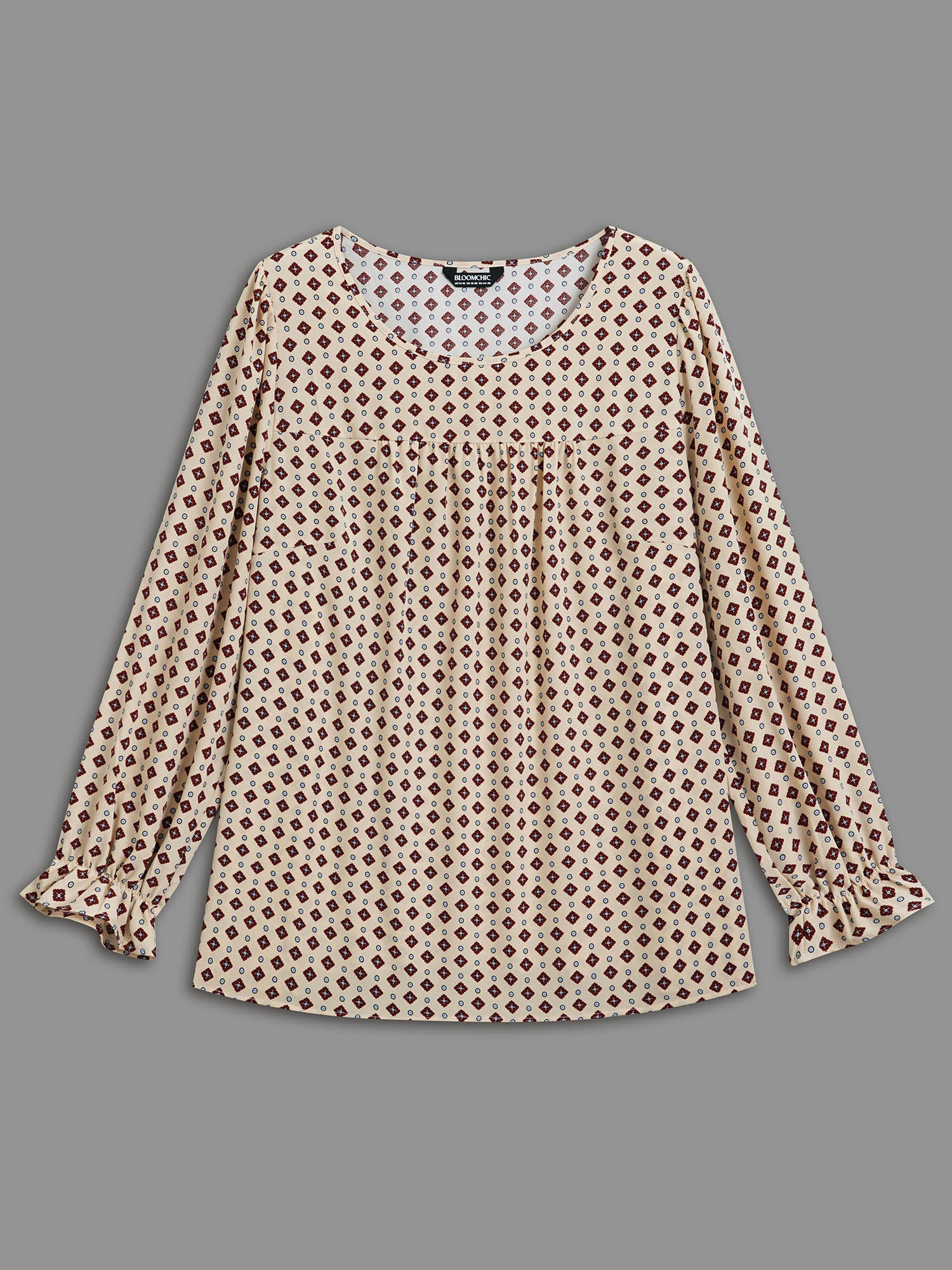 Plus Size Apricot Round Neck Geometric Print Pleated Blouse Women At the Office Long Sleeve Round Neck Work Blouses BloomChic 12/L 