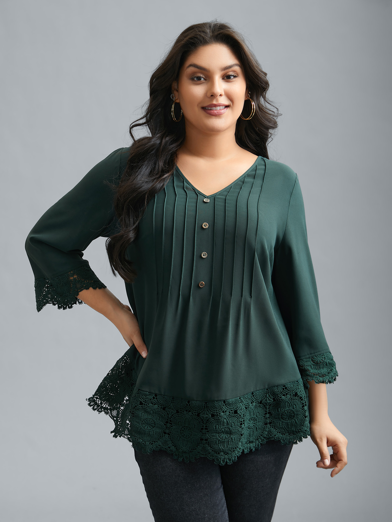 

Plus Size DarkGreen V Neck Plicated Detail Contrast Lace Blouse Women Casual Elbow-length sleeve V-neck Everyday Blouses BloomChic