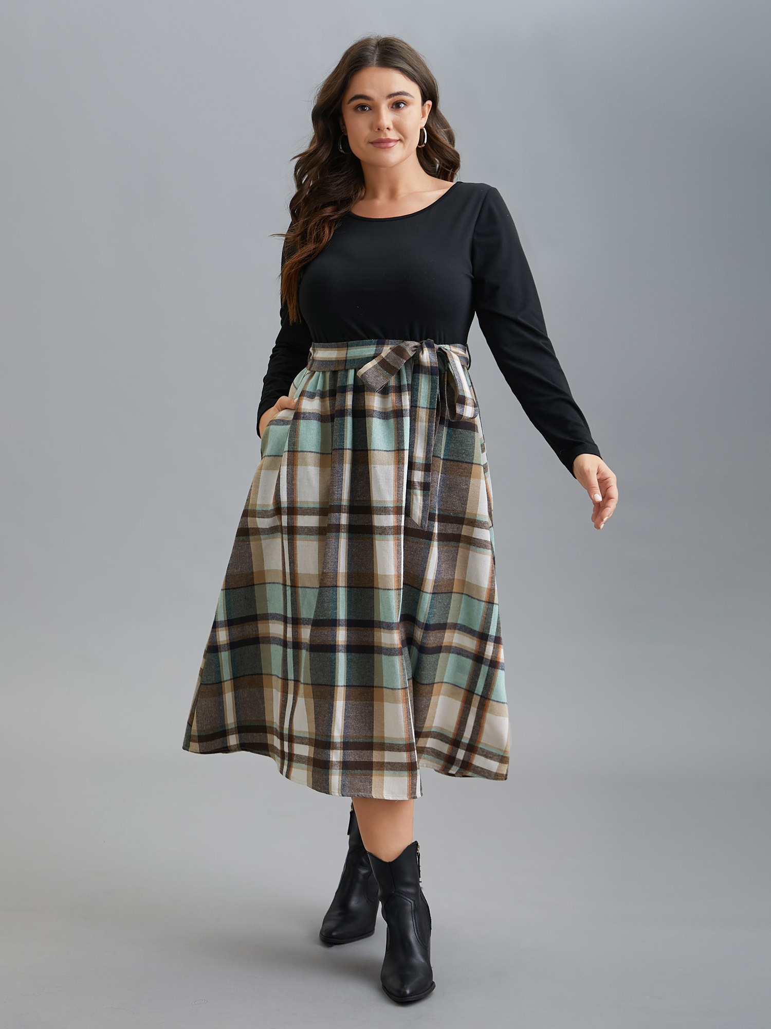 

Plus Size Plaid Patchwork Elastic Waist Belted Dress Truegreen Women Casual Belted Round Neck Long Sleeve Curvy BloomChic