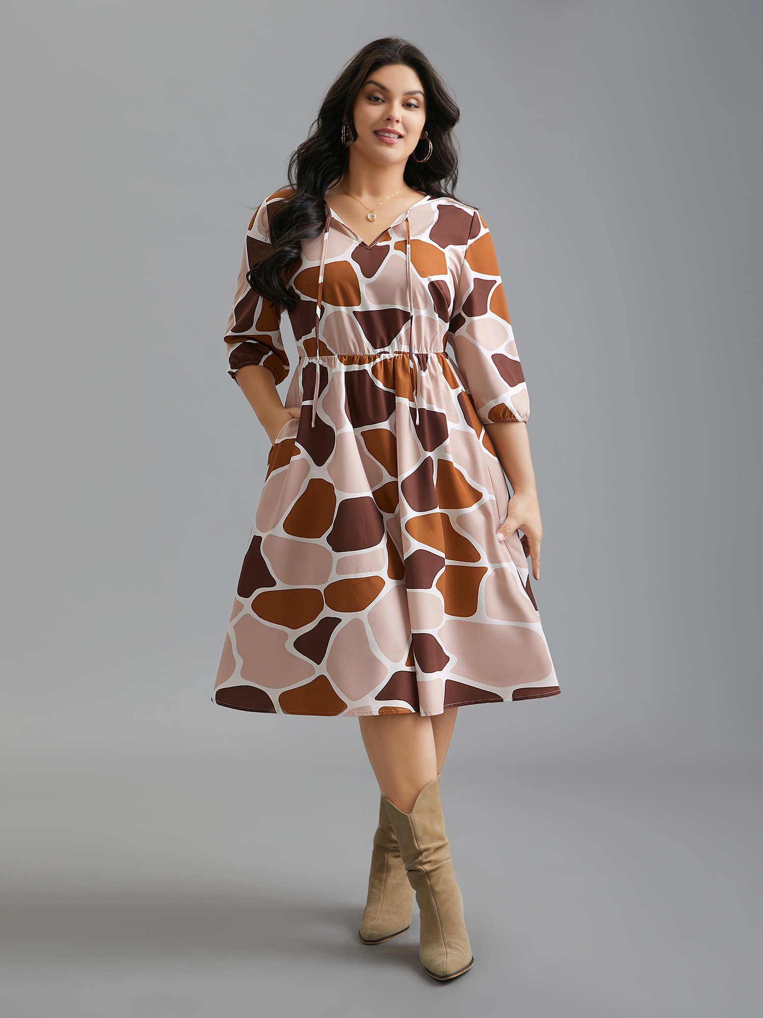 Plus Size Neck-Tie Color Block Waist Cinched Dress Multicolor Women Casual Tie knot V-neck Elbow-length sleeve Curvy BloomChic 26/4X 