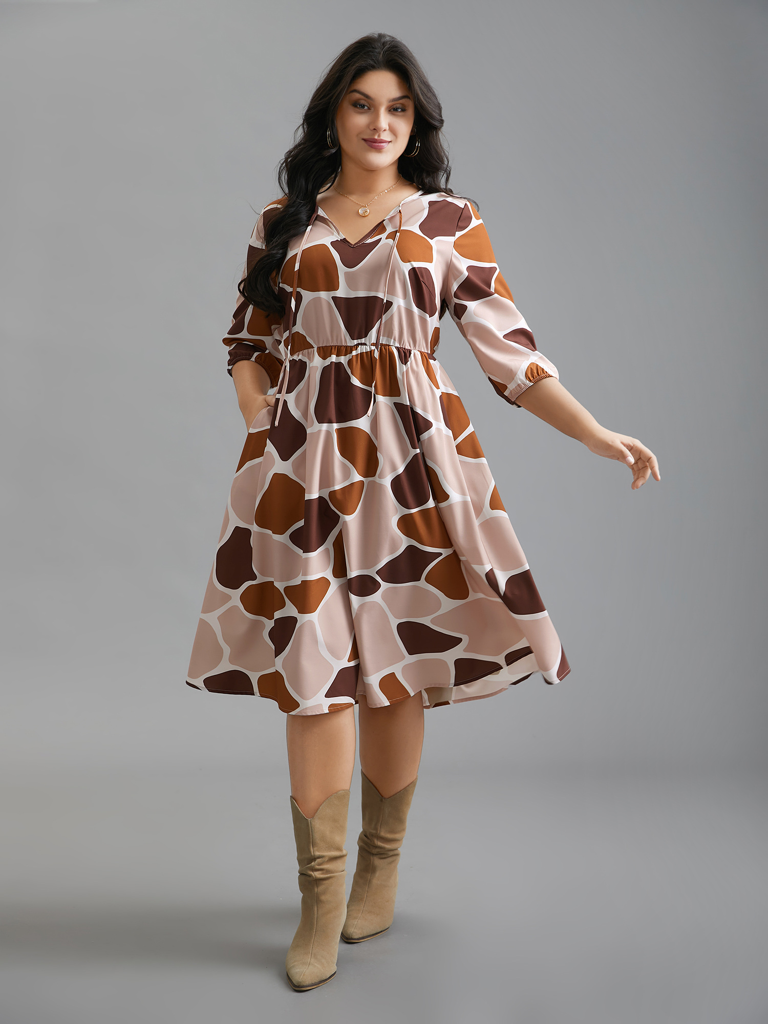 Plus Size Neck-Tie Color Block Waist Cinched Dress Multicolor Women Casual Tie knot V-neck Elbow-length sleeve Curvy BloomChic 26/4X 