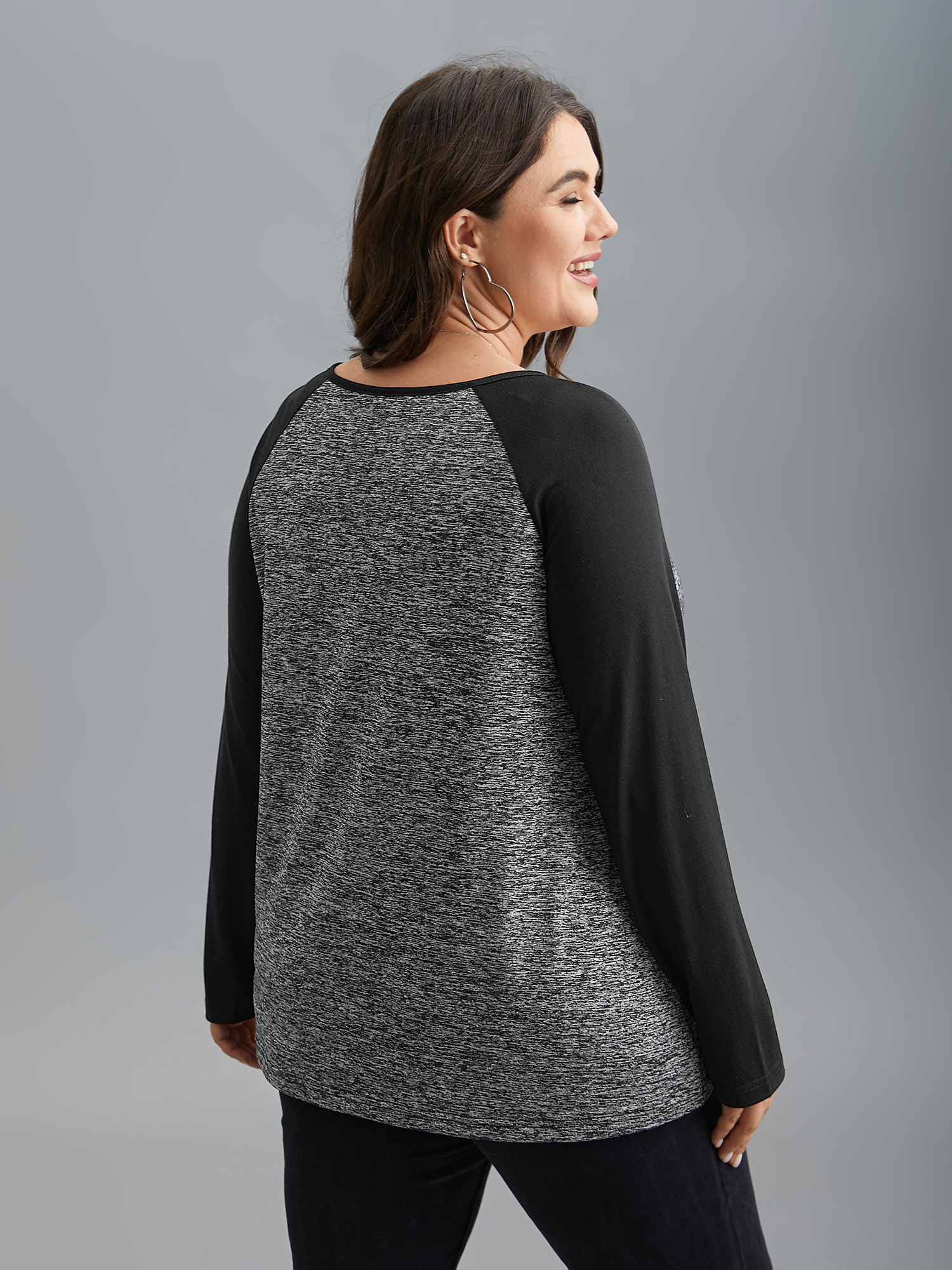 

Plus Size Heather Patchwork Button Detail Stretchy T-Shirt DarkGray Women Casual Contrast Flat collar with V-notch Everyday T-shirts BloomChic