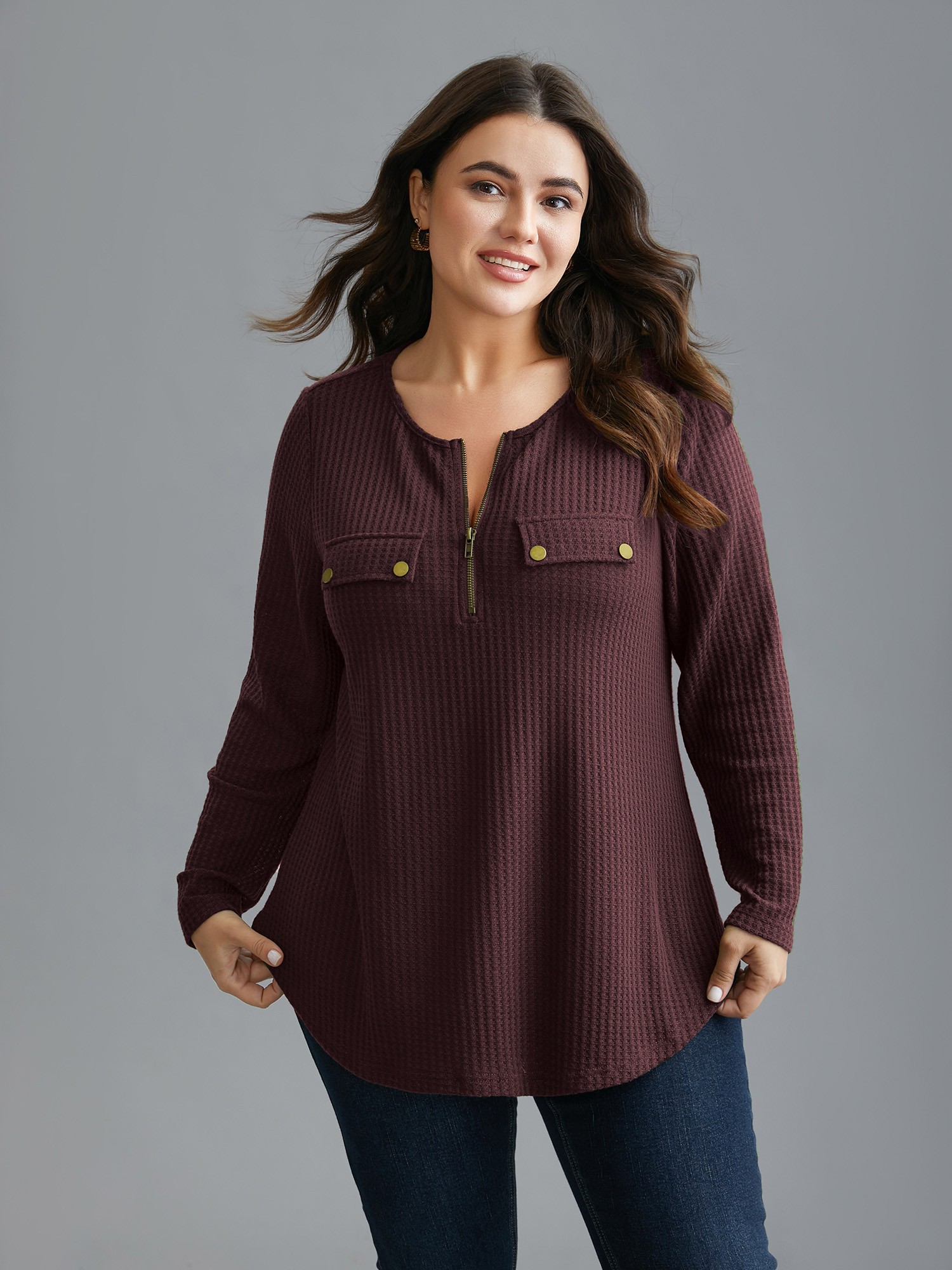 

Plus Size Half Zipper Flap Detail Pockets Knit Top Plum Round Neck Long Sleeve Elegant Jersey Tops