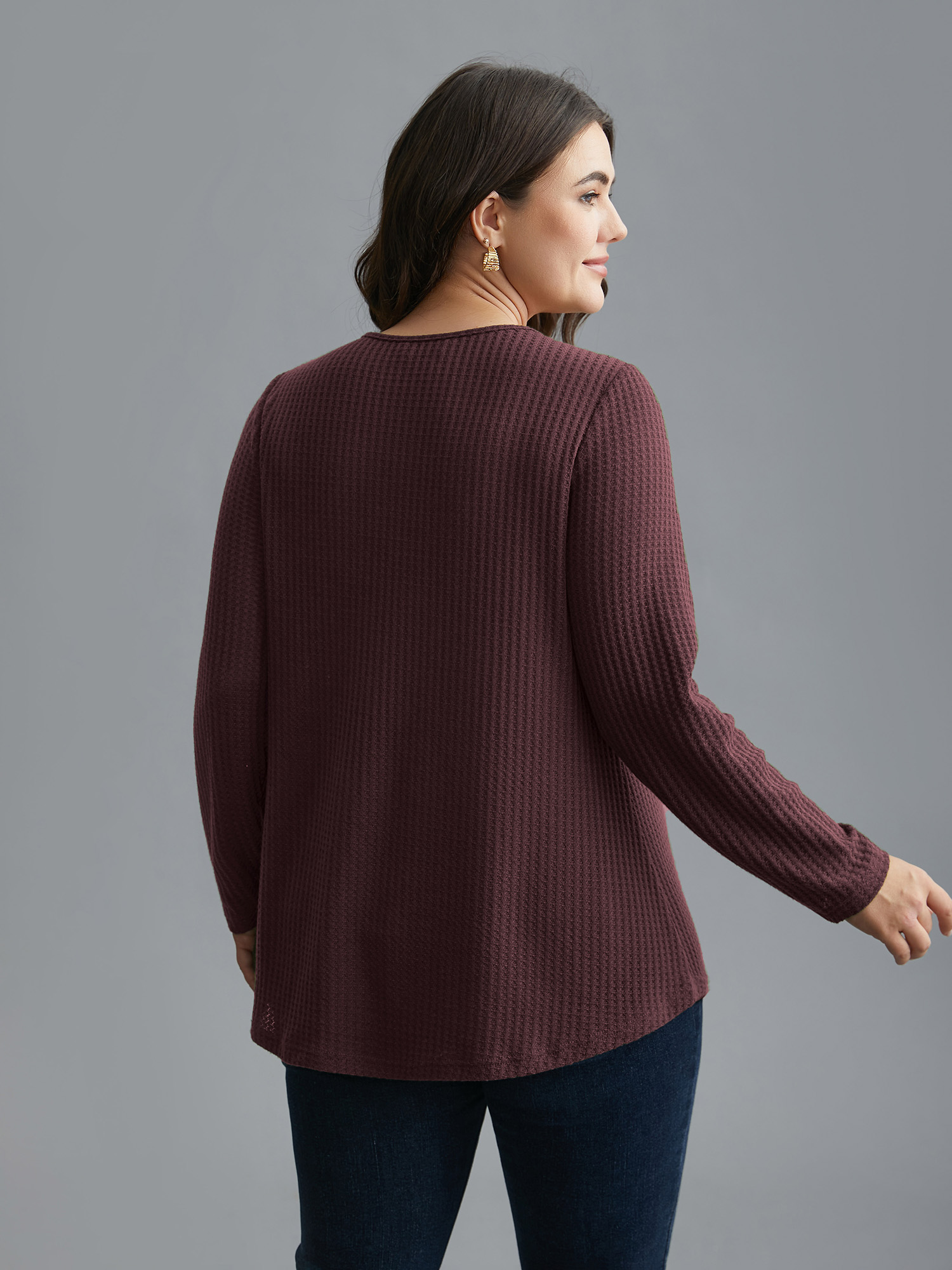 

Plus Size Half Zipper Flap Detail Pockets Knit Top Plum Round Neck Long Sleeve Elegant Jersey Tops