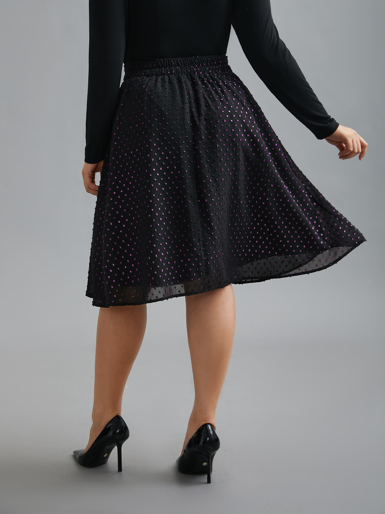 

Plus Size Glitter Polka Dot Pleated Skirt Women Black Elegant Gathered No stretch Side seam pocket Everyday Skirts BloomChic