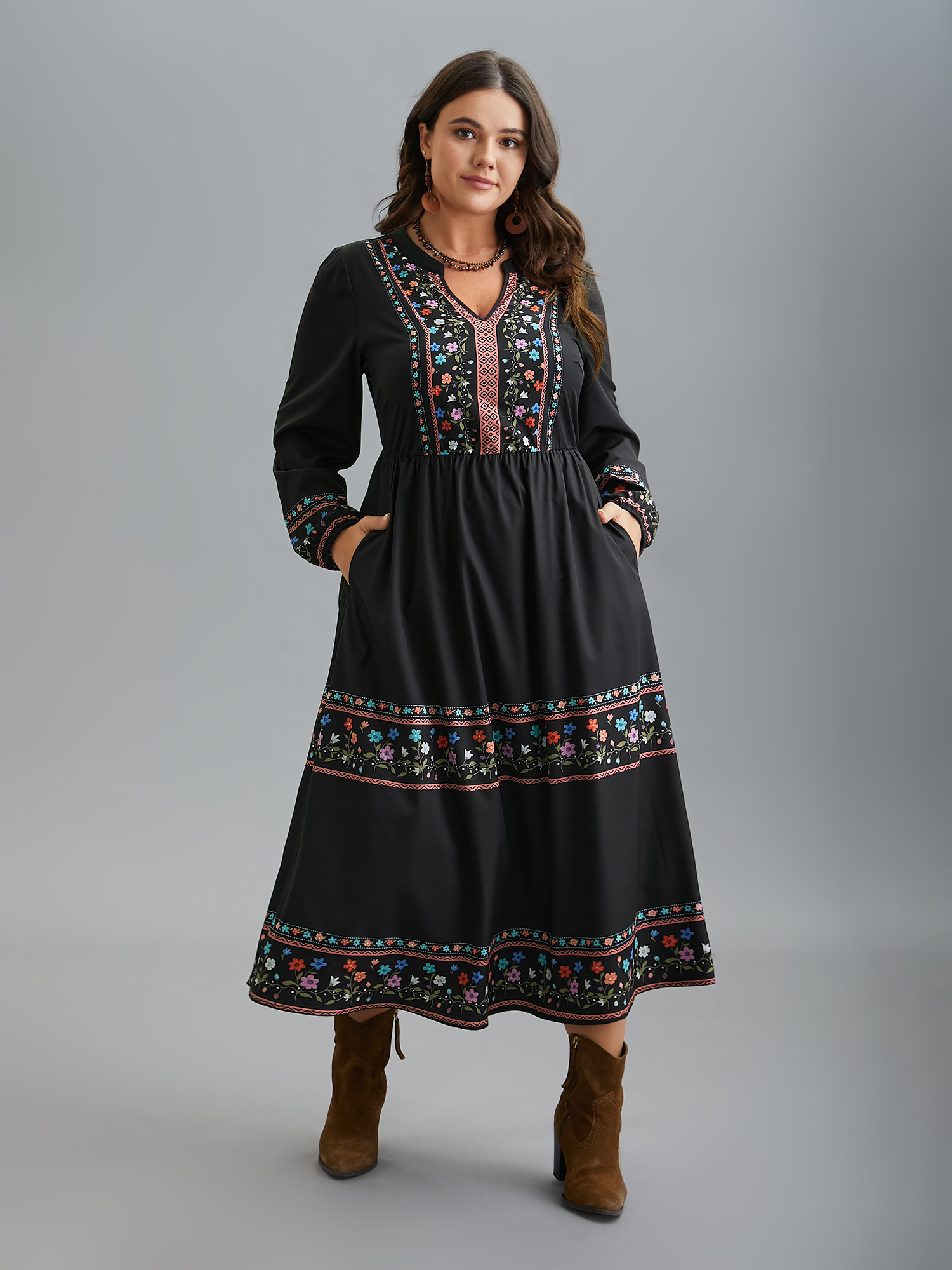 

Plus Size Notched Collar Boho Print Midi Dress Black Women Resort Non Notched collar Long Sleeve Curvy BloomChic