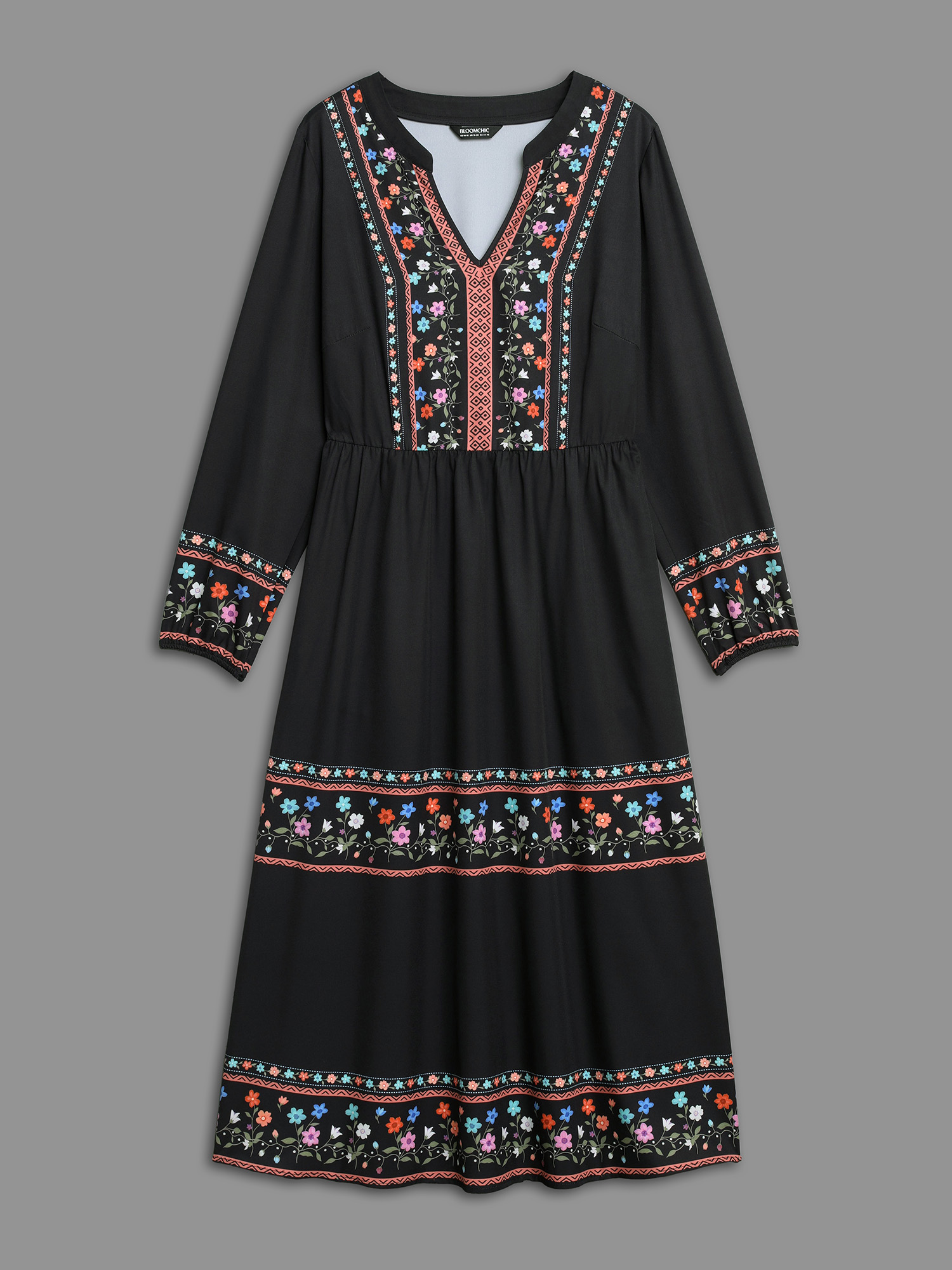 Plus Size Notched Collar Boho Print Midi Dress Black Women Resort Non Notched collar Long Sleeve Curvy BloomChic 28/5X 