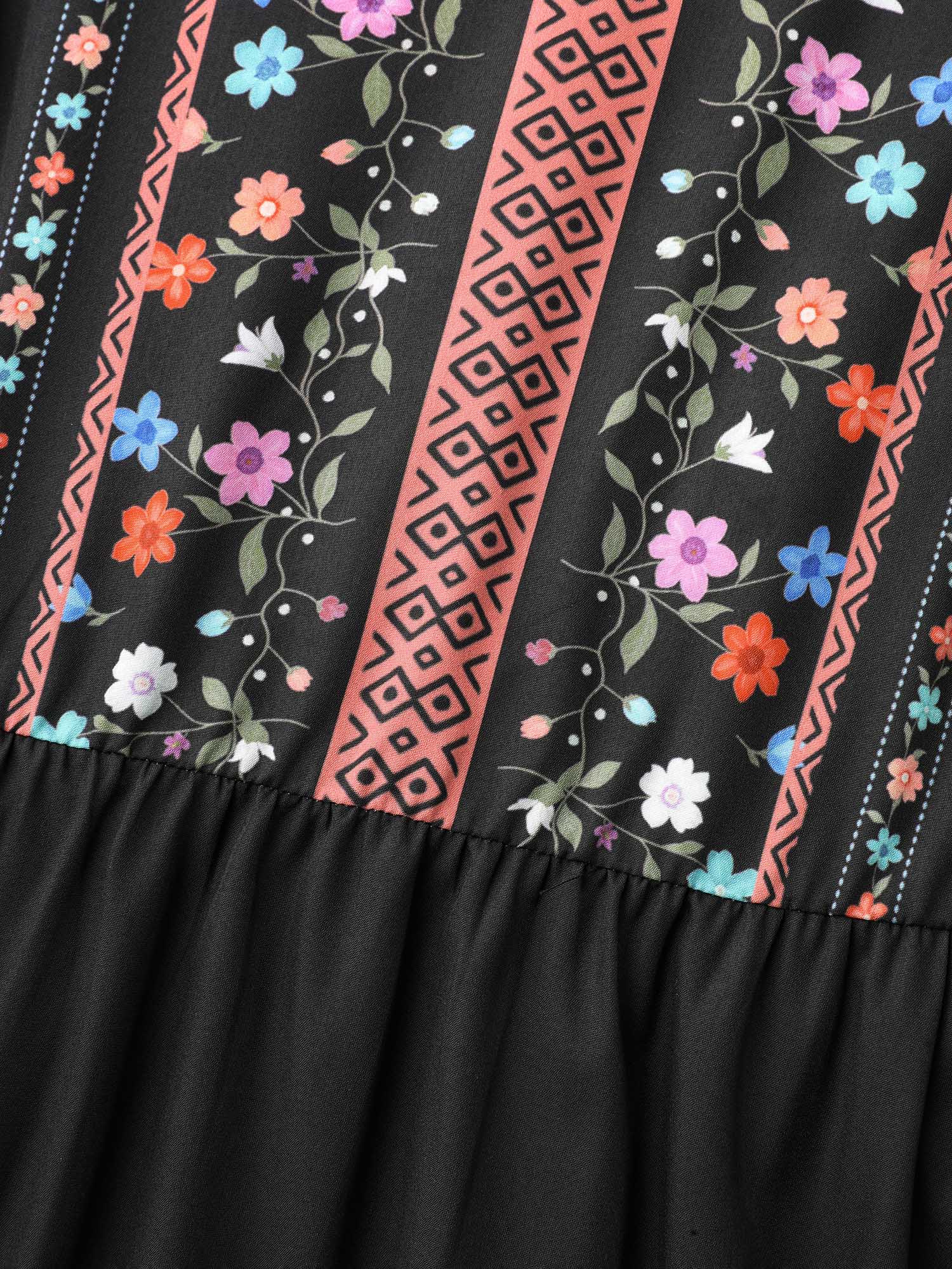 Plus Size Notched Collar Boho Print Midi Dress Black Women Resort Non Notched collar Long Sleeve Curvy BloomChic 28/5X 