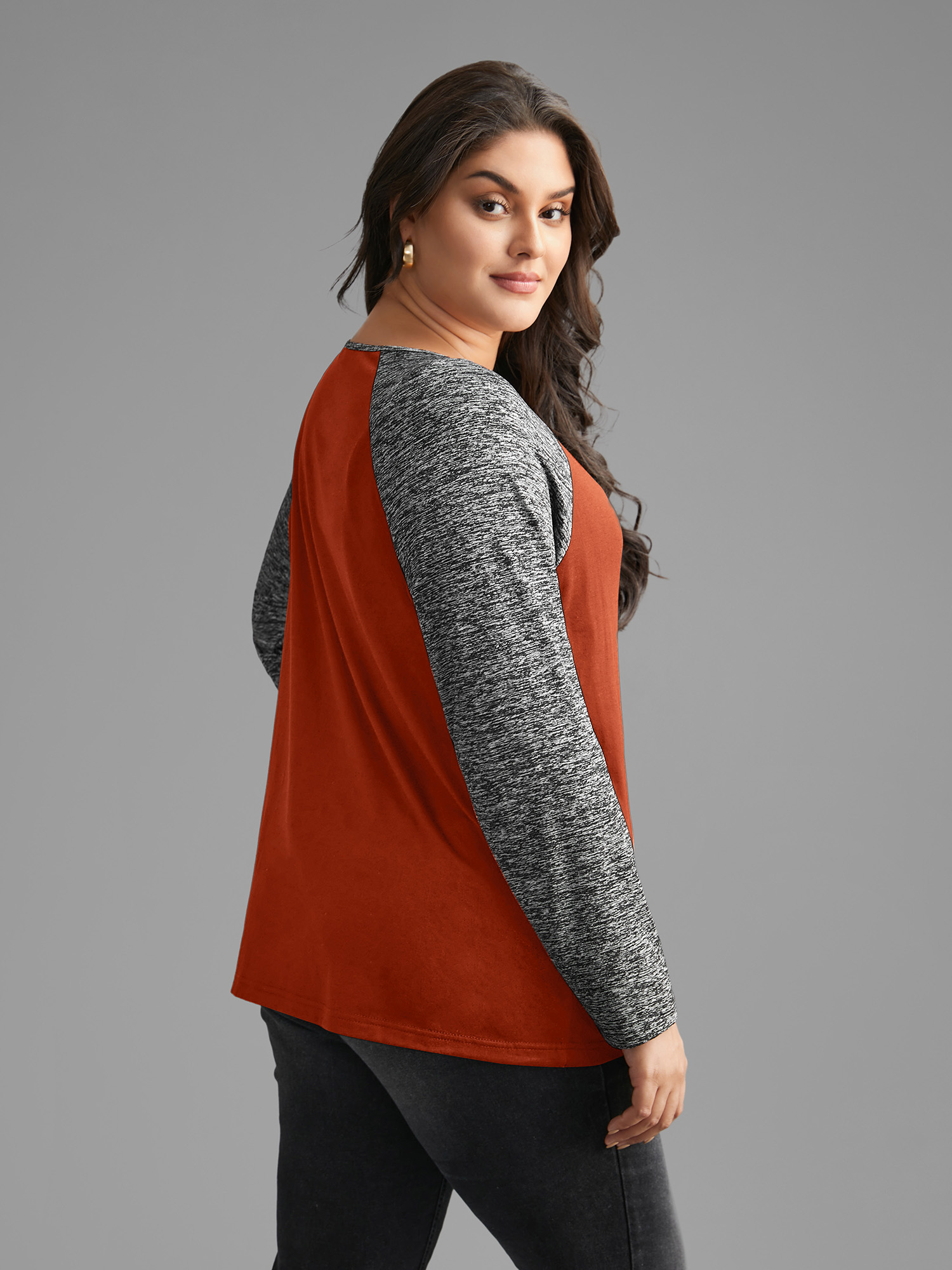 

Plus Size Heather Patchwork Button Detail Stretchy T-Shirt Brightorange Women Casual Contrast Flat collar with V-notch Everyday T-shirts BloomChic