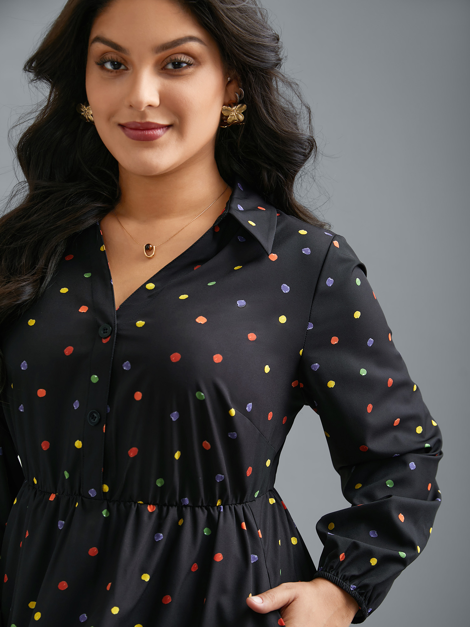 Plus Size Shirt Collar Colored Polka Dot Dress Black Women Elegant Button Shirt collar Long Sleeve Curvy BloomChic 18-20/2X 