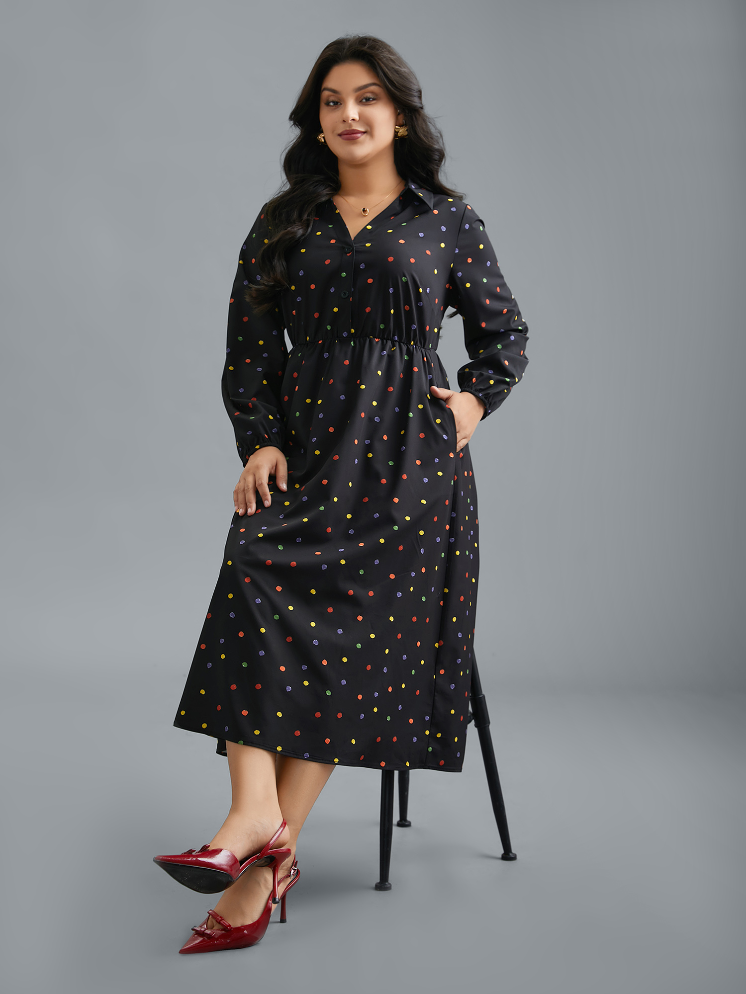Plus Size Shirt Collar Colored Polka Dot Dress Black Women Elegant Button Shirt collar Long Sleeve Curvy BloomChic 18-20/2X 