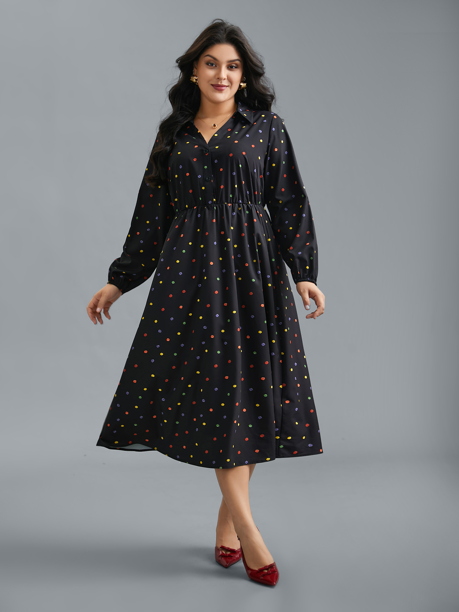 Plus Size Shirt Collar Colored Polka Dot Dress Black Women Elegant Button Shirt collar Long Sleeve Curvy BloomChic 18-20/2X 