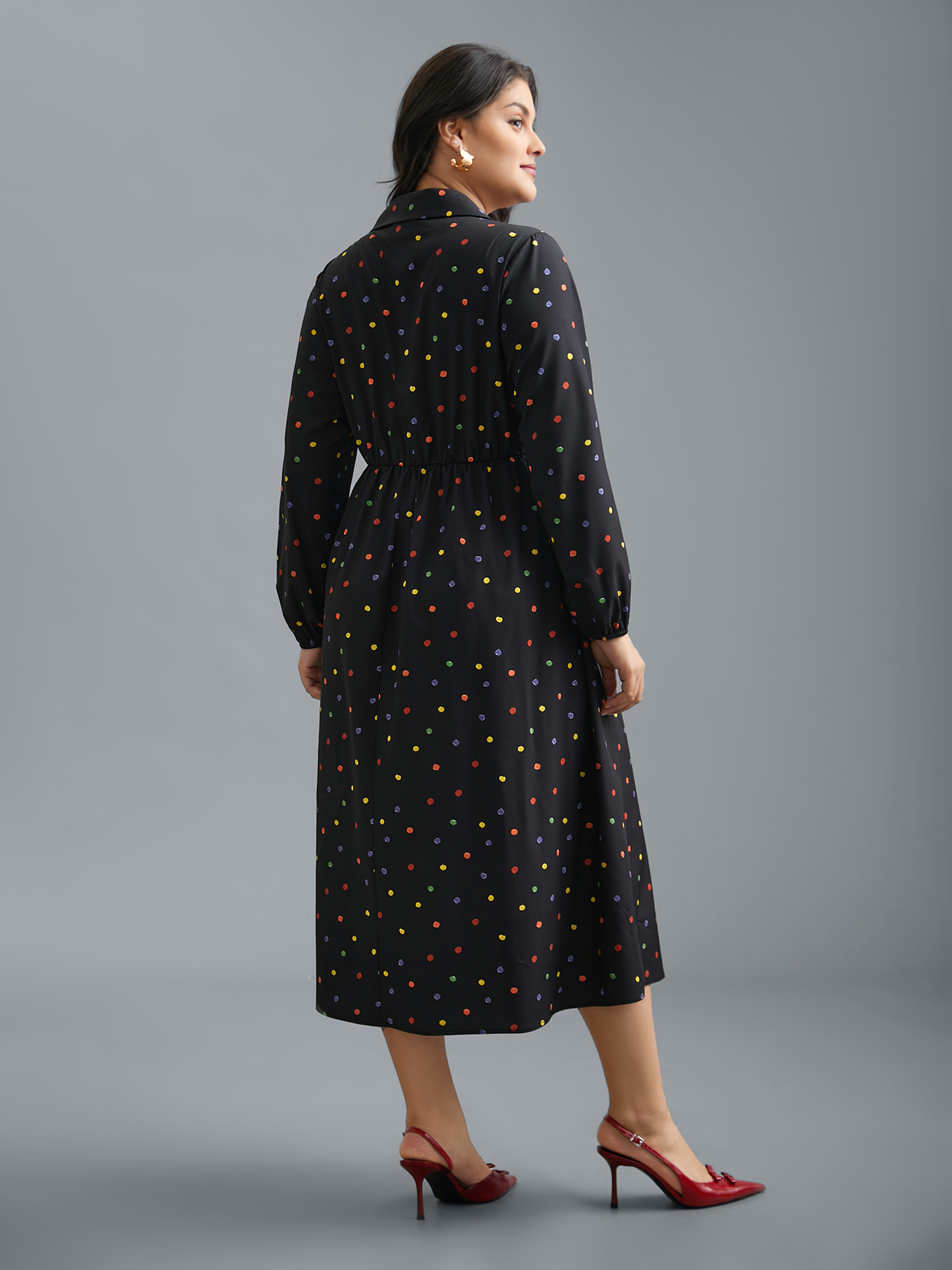 Plus Size Shirt Collar Colored Polka Dot Dress Black Women Elegant Button Shirt collar Long Sleeve Curvy BloomChic 18-20/2X 