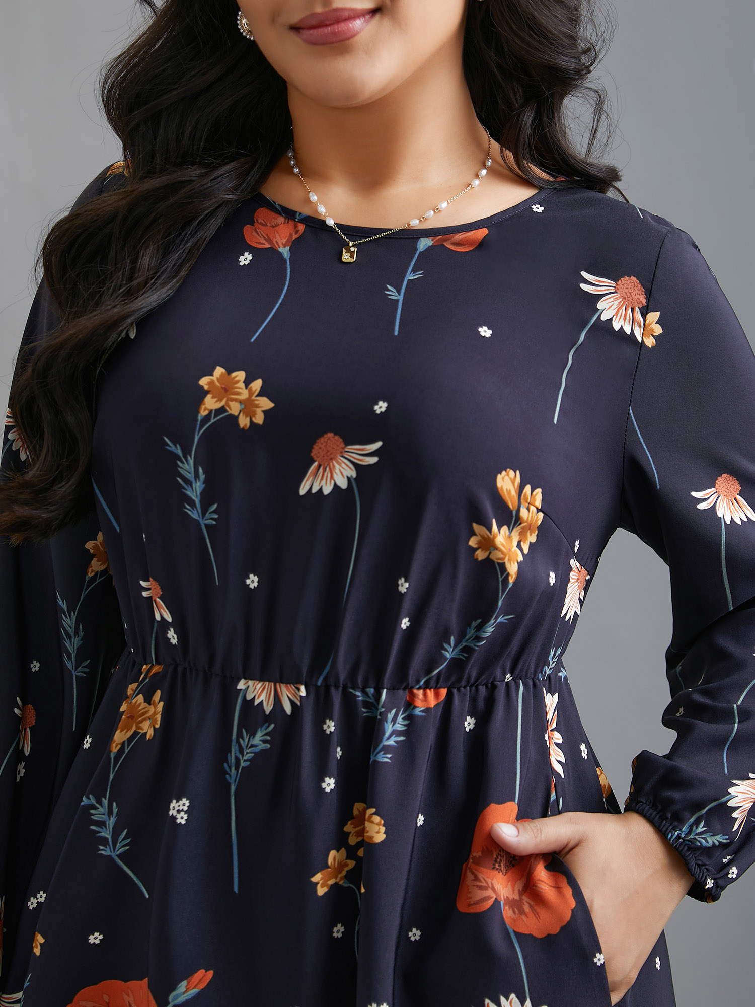 

Plus Size Floral Boho Print Lantern Sleeve Dress Indigo Women Elegant Non Round Neck Long Sleeve Curvy BloomChic