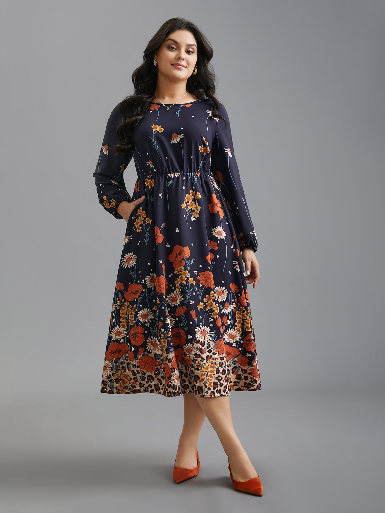 Plus Size Floral Boho Print Lantern Sleeve Dress Indigo Women Elegant Non Round Neck Long Sleeve Curvy BloomChic 28/5X 