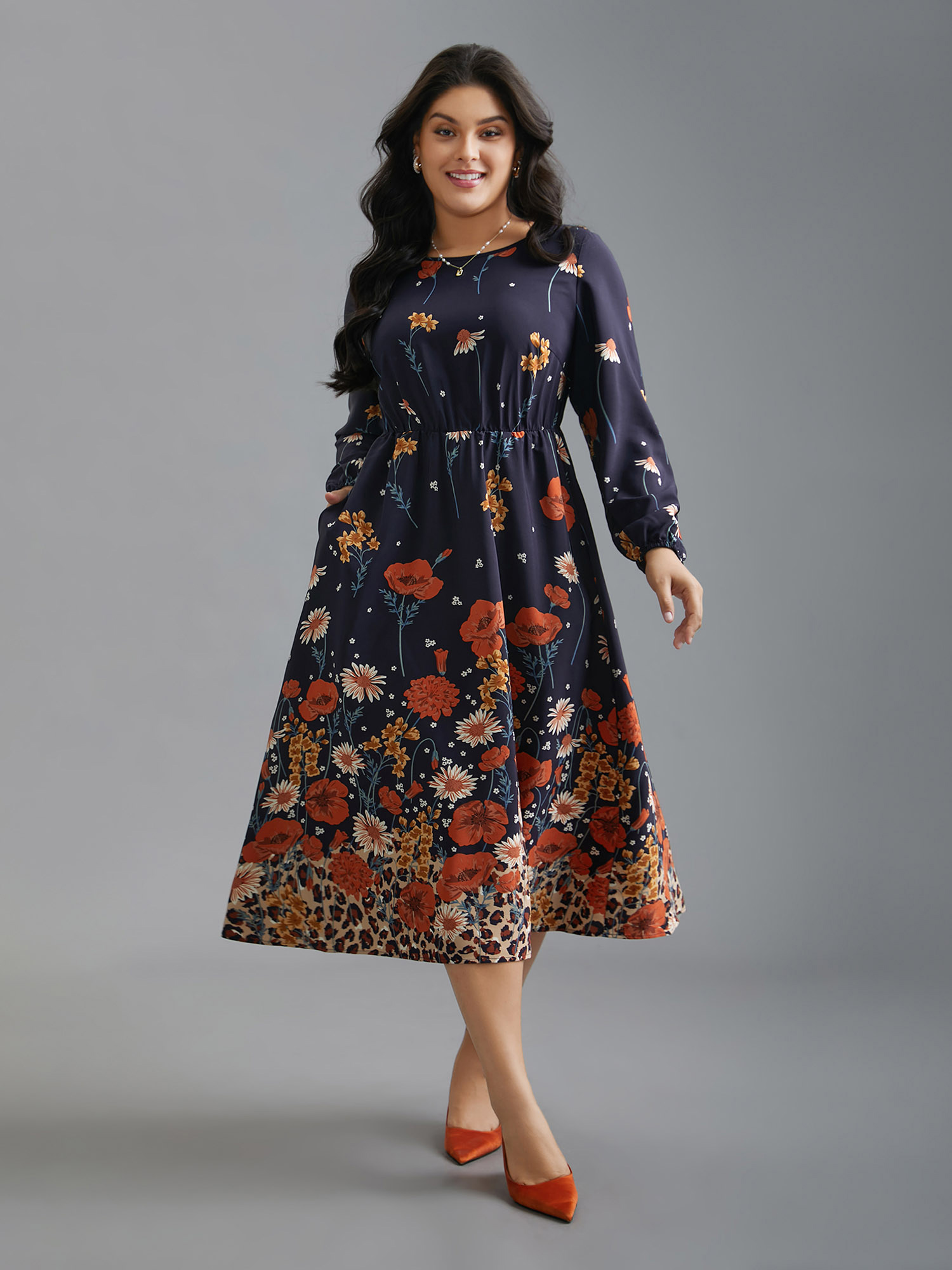 Plus Size Floral Boho Print Lantern Sleeve Dress Indigo Women Elegant Non Round Neck Long Sleeve Curvy BloomChic 28/5X 