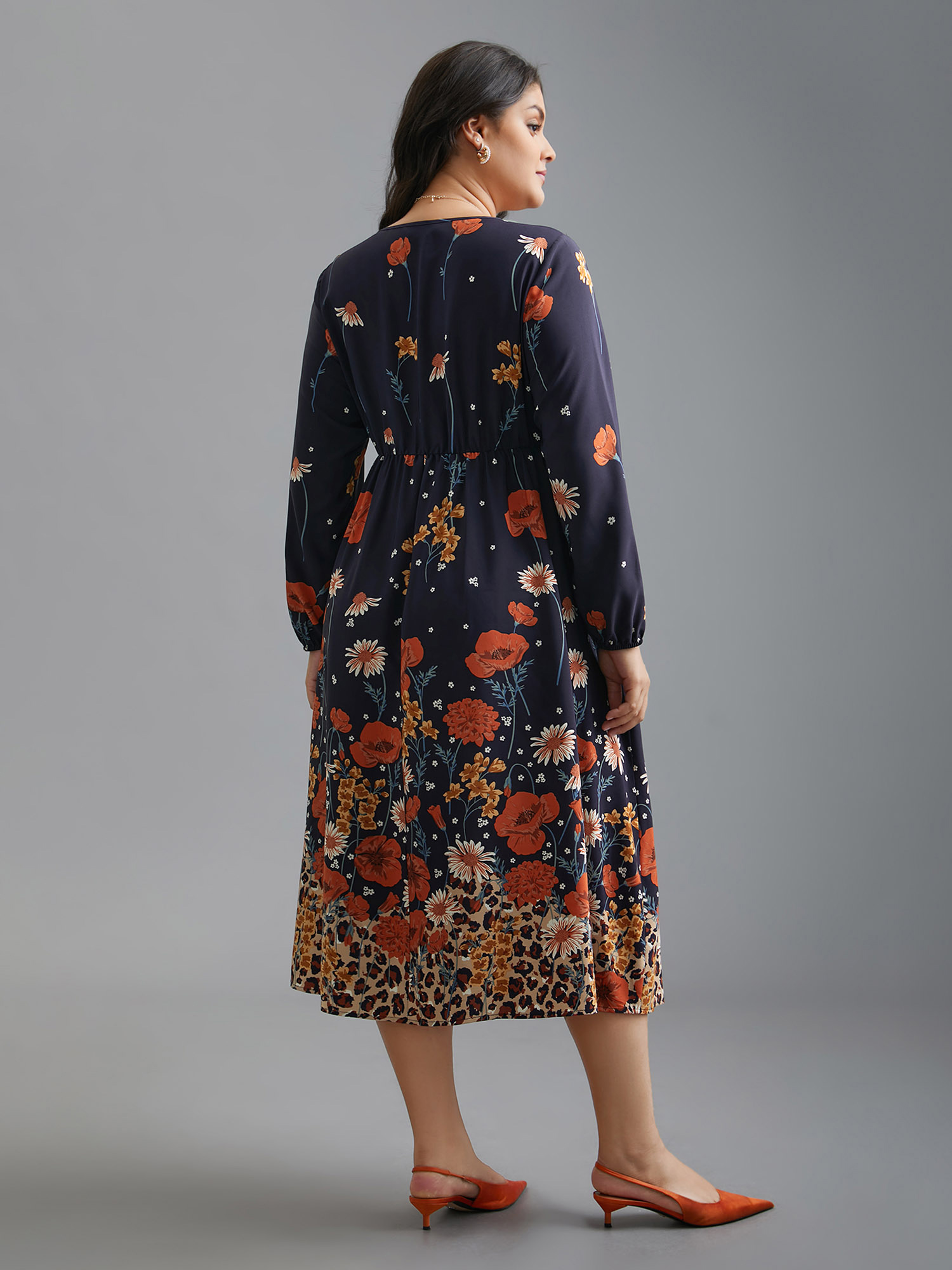 Plus Size Floral Boho Print Lantern Sleeve Dress Indigo Women Elegant Non Round Neck Long Sleeve Curvy BloomChic 28/5X 