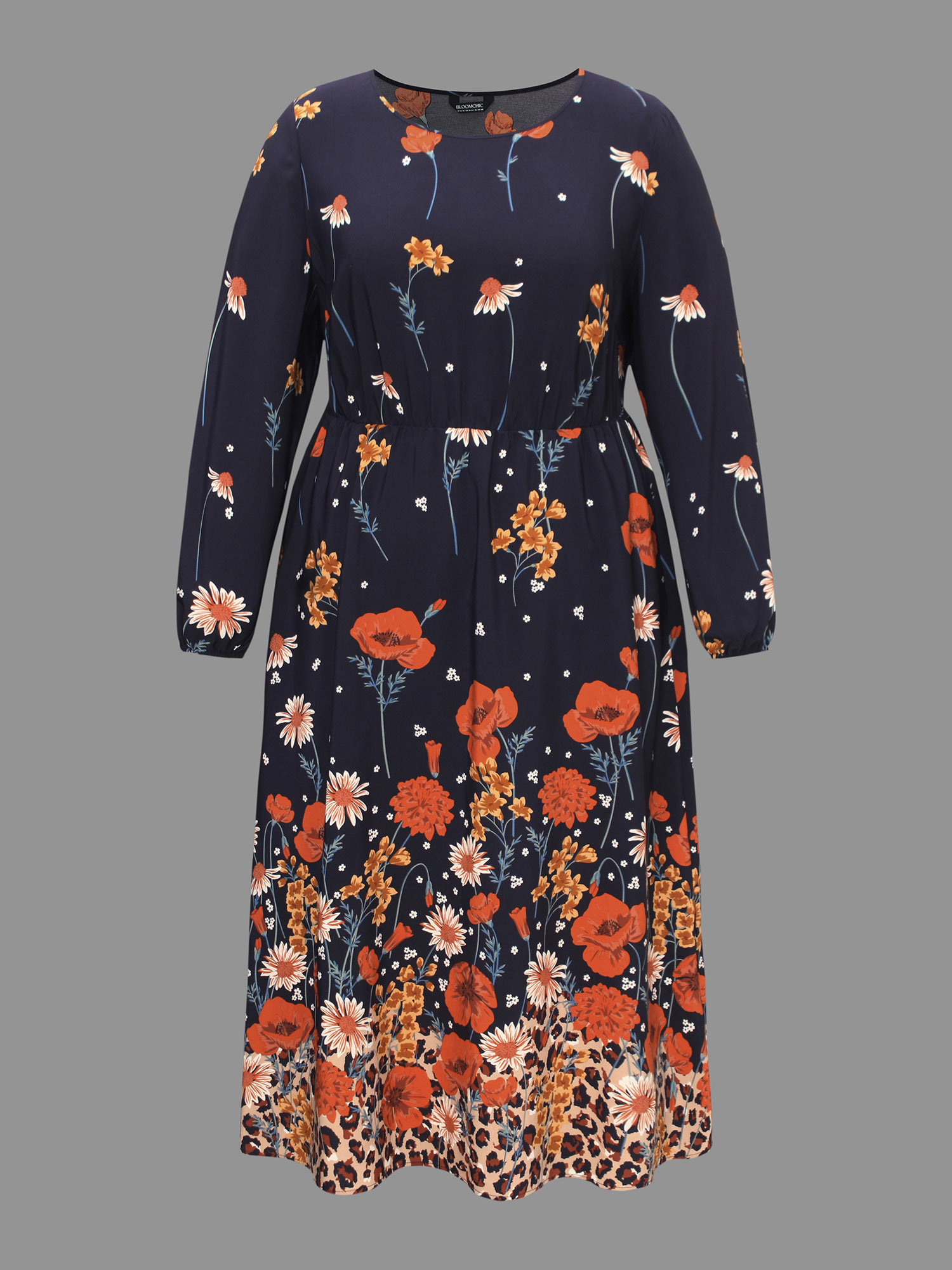 Plus Size Floral Boho Print Lantern Sleeve Dress Indigo Women Elegant Non Round Neck Long Sleeve Curvy BloomChic 28/5X 