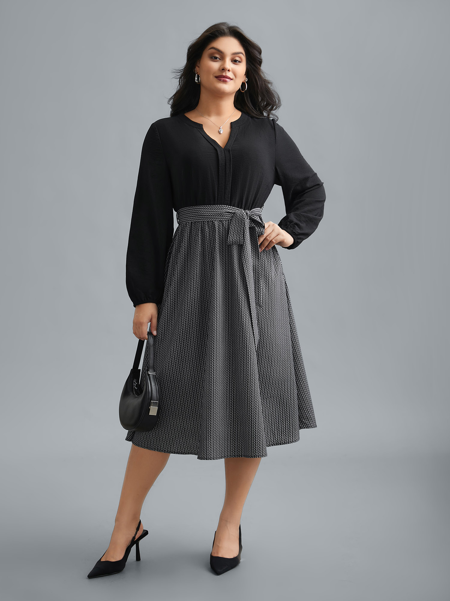 

Plus Size Notched Collar Color Block Waist Tie Dress Black Women At the Office Belted Flat collar with V-notch Long Sleeve Curvy BloomChic