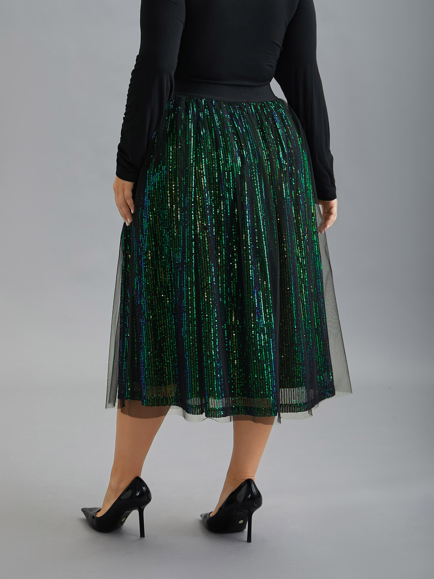 

Plus Size Sequin Mesh Elastic Waist Midi Skirt Women Black Formal Tiered Loose No stretch Party Skirts BloomChic