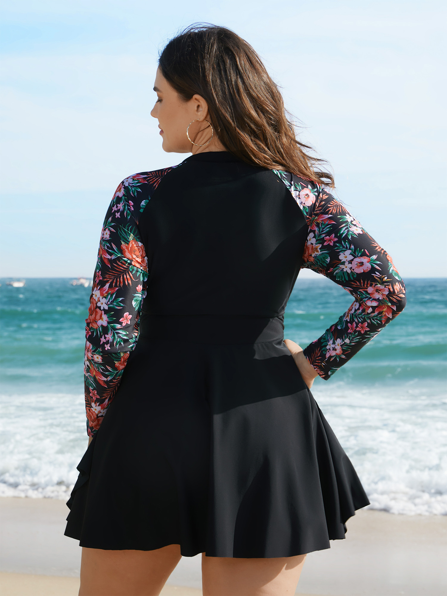 

Plus Size Floral Sleeve Half Zipper Swim Dress Women's Swimwear Black Beach Bodycon Round Neck High stretch Curve Swim Dresses BloomChic