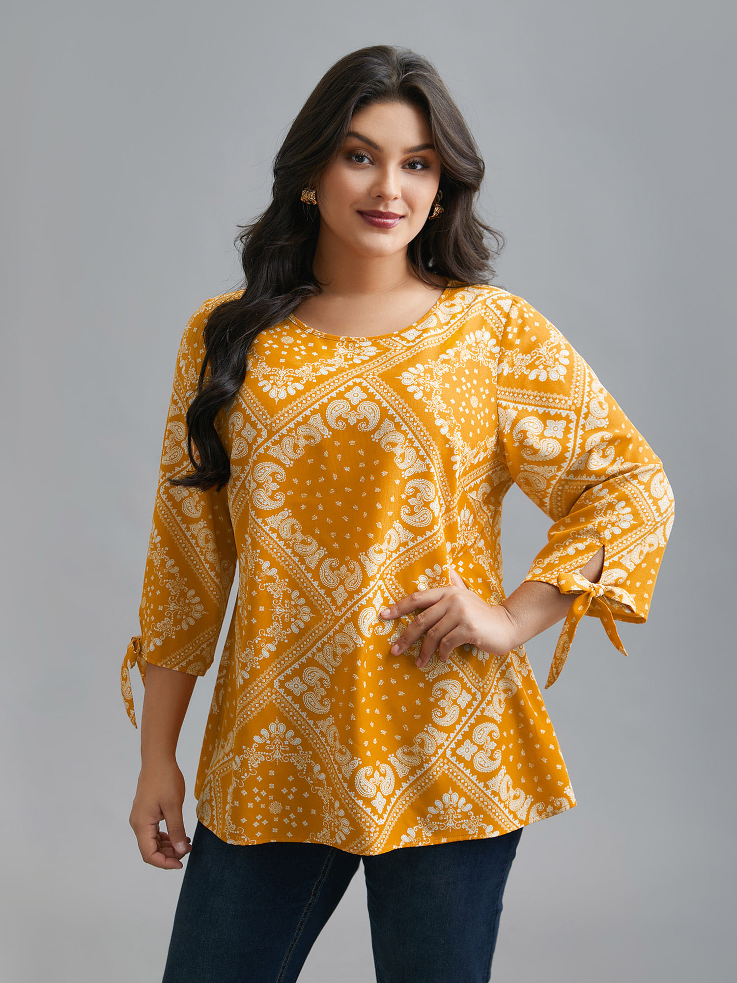 

Plus Size Turmeric Round Neck Bandana Print Sleeve Tie Blouse Women Elegant Elbow-length sleeve Round Neck Everyday Blouses BloomChic