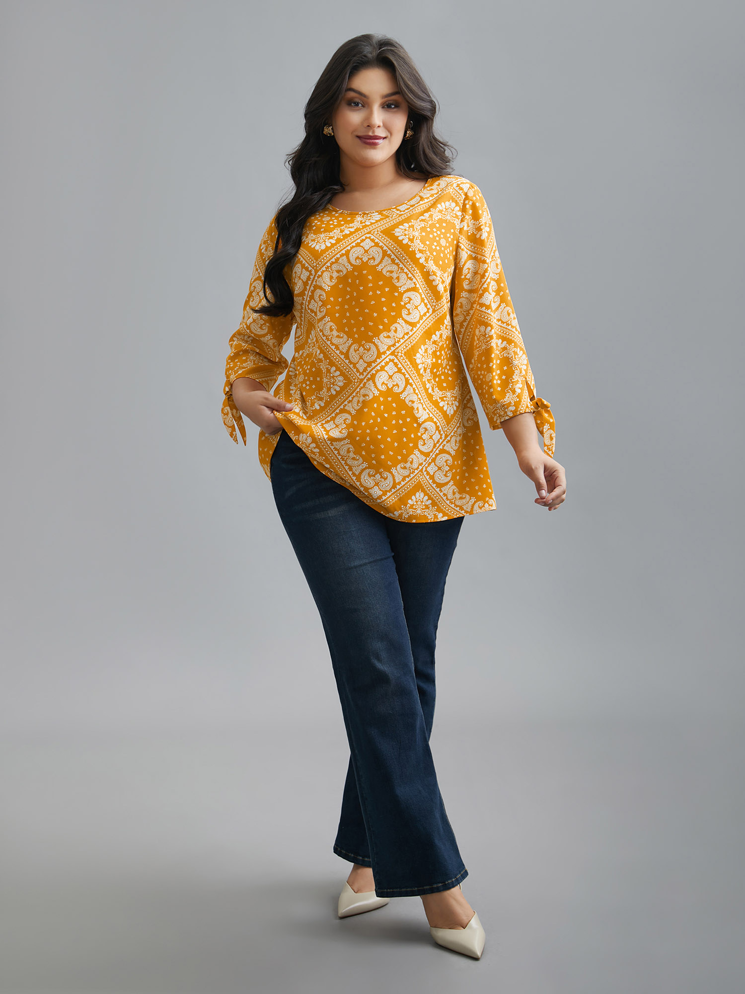 Plus Size Turmeric Round Neck Bandana Print Sleeve Tie Blouse Women Elegant Elbow-length sleeve Round Neck Everyday Blouses BloomChic 10/M 