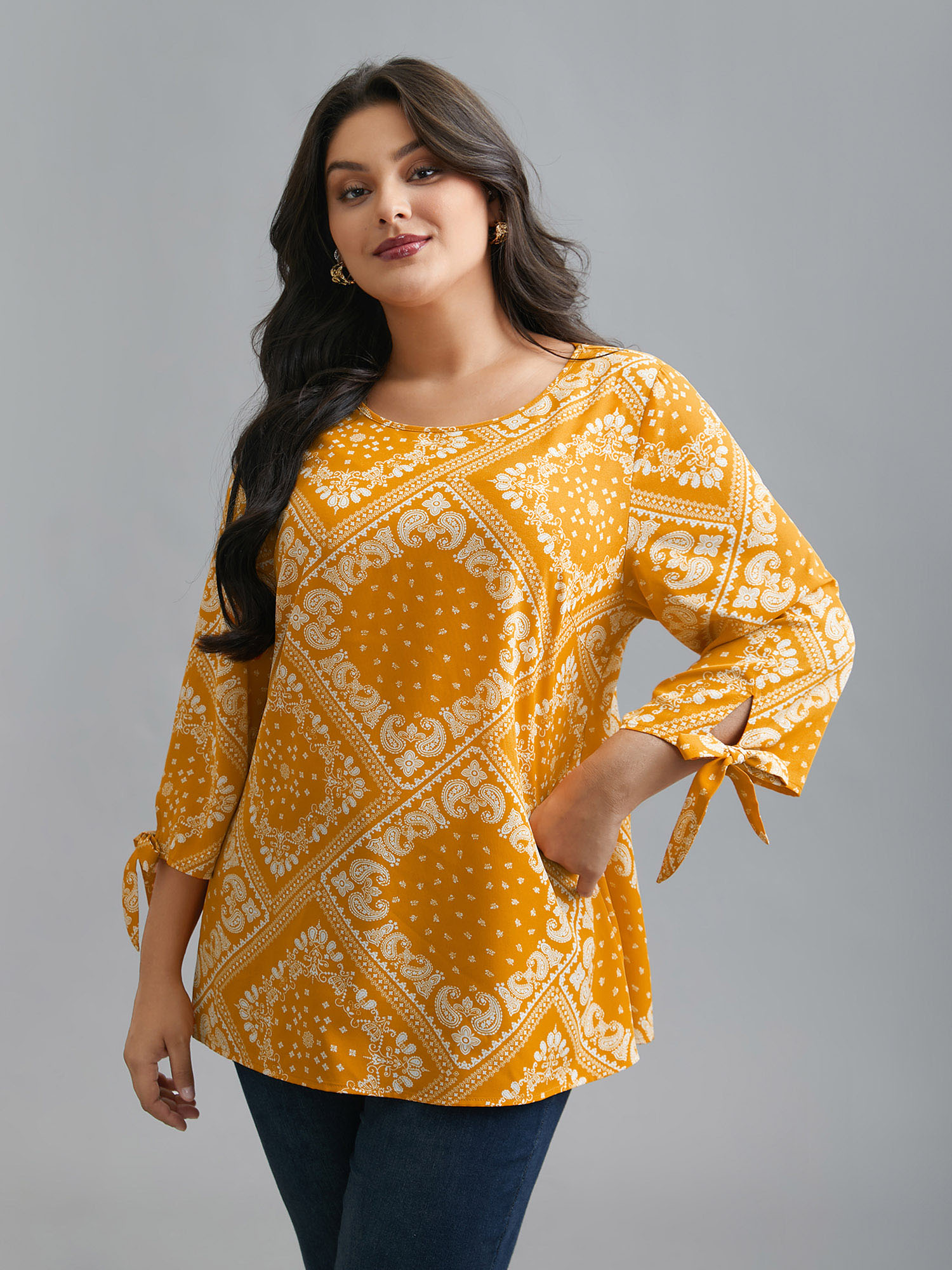 

Plus Size Turmeric Round Neck Bandana Print Sleeve Tie Blouse Women Elegant Elbow-length sleeve Round Neck Everyday Blouses BloomChic