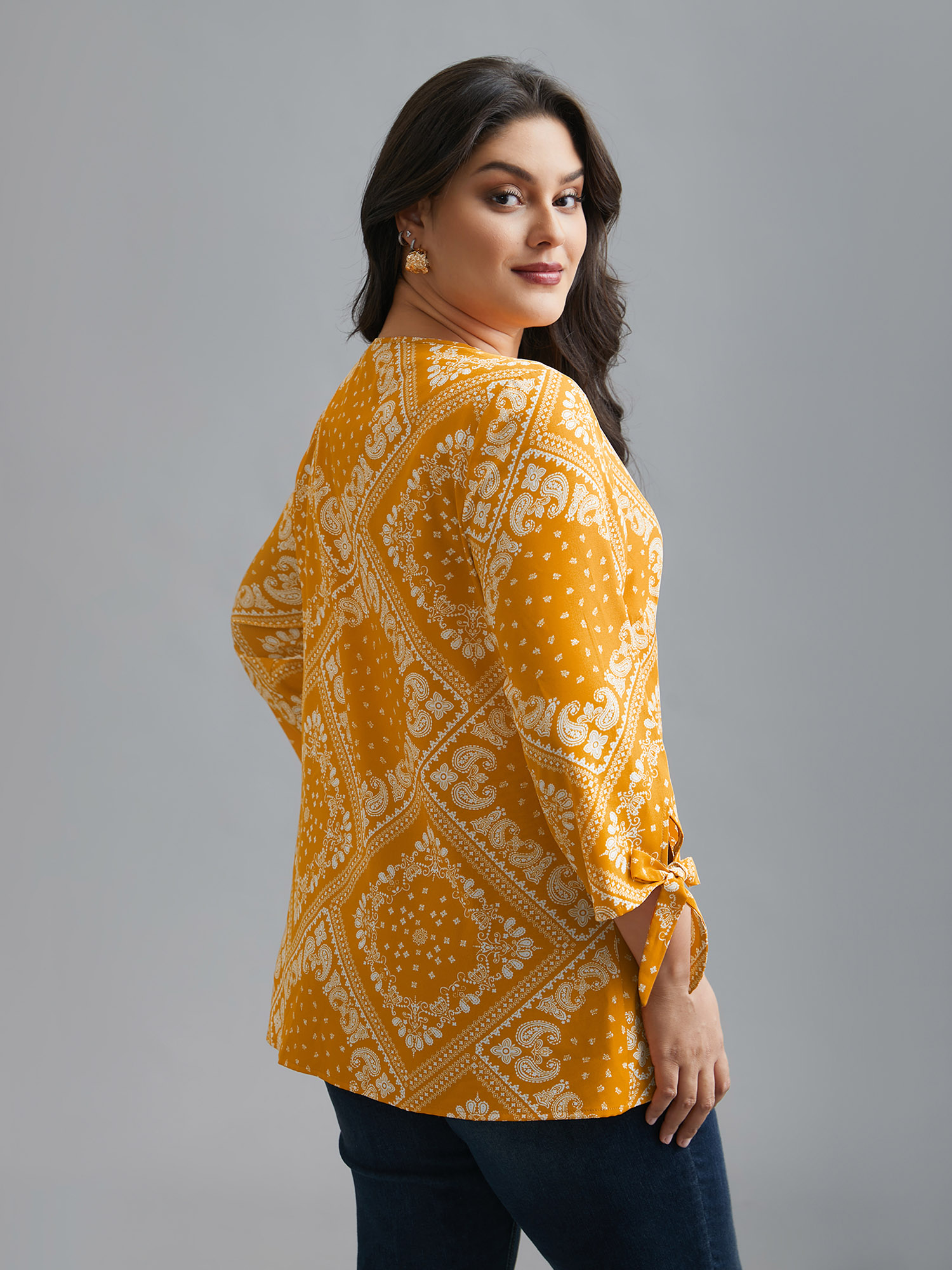 Plus Size Turmeric Round Neck Bandana Print Sleeve Tie Blouse Women Elegant Elbow-length sleeve Round Neck Everyday Blouses BloomChic 10/M 