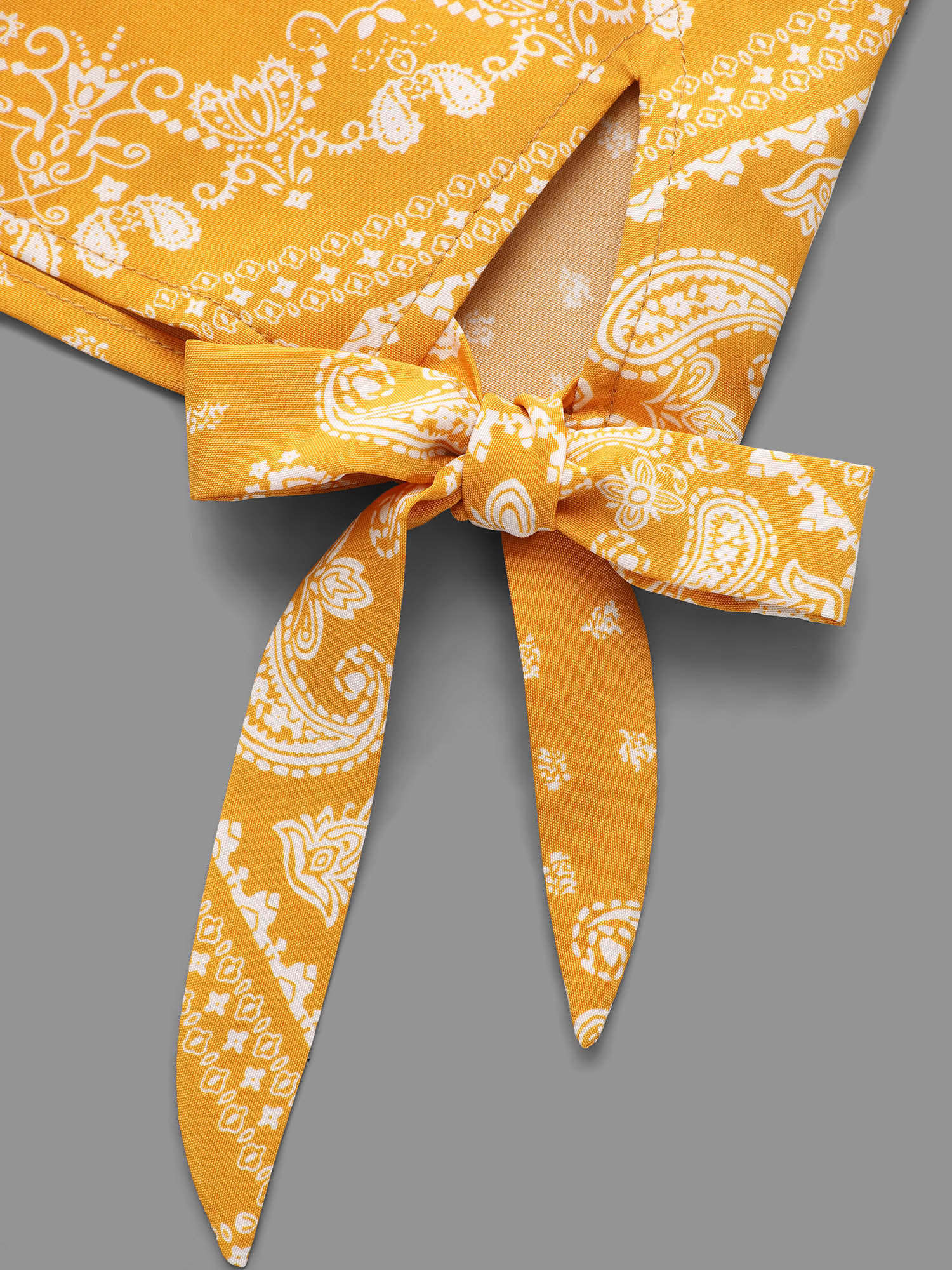 Plus Size Turmeric Round Neck Bandana Print Sleeve Tie Blouse Women Elegant Elbow-length sleeve Round Neck Everyday Blouses BloomChic 10/M 