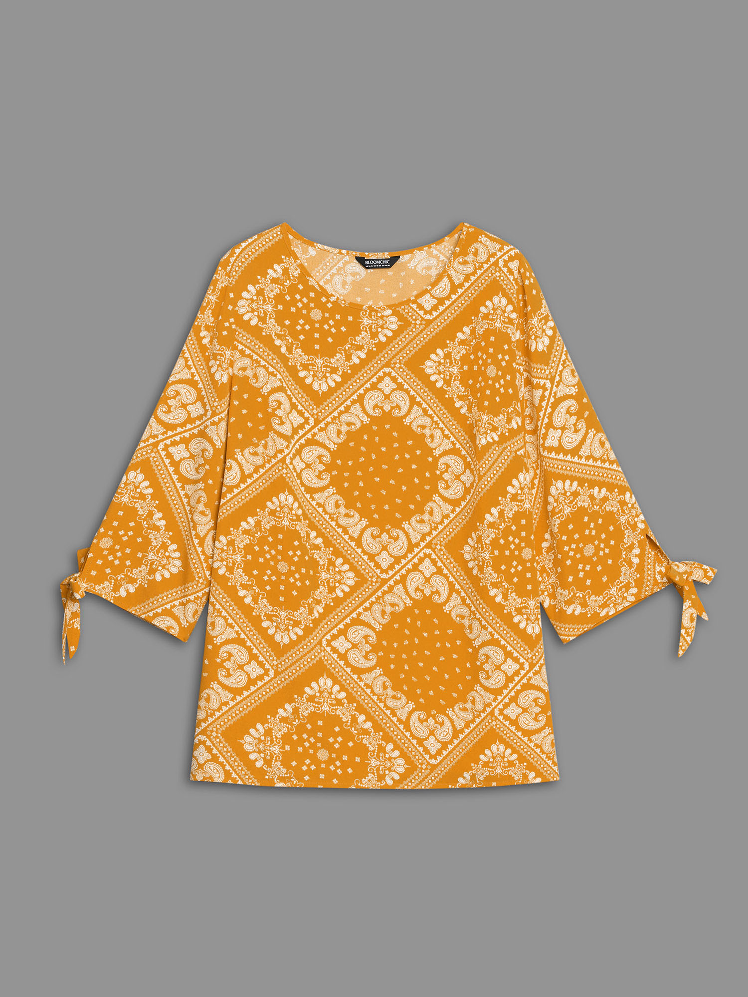 Plus Size Turmeric Round Neck Bandana Print Sleeve Tie Blouse Women Elegant Elbow-length sleeve Round Neck Everyday Blouses BloomChic 10/M 