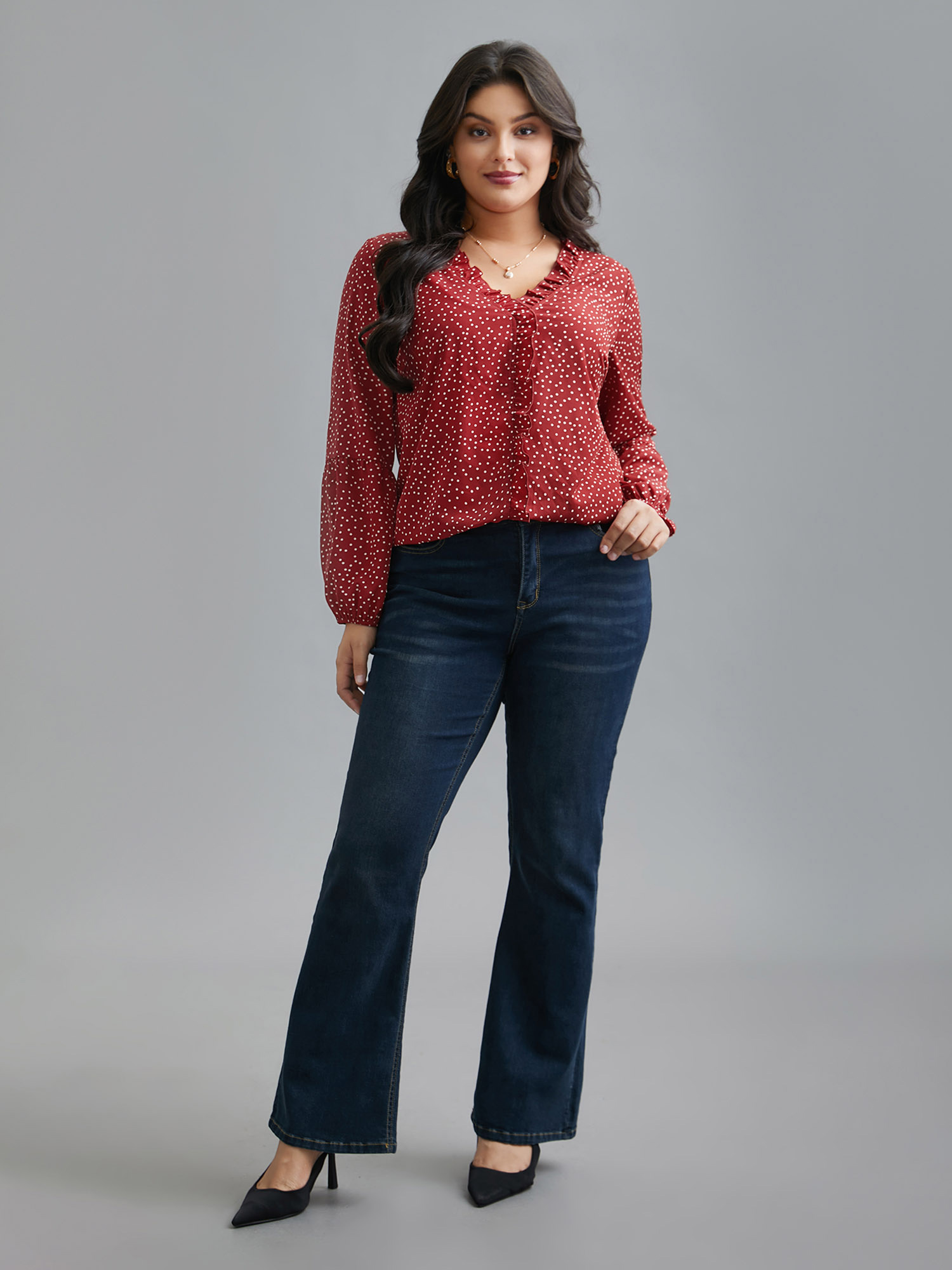 

Plus Size Scarlet V-Neck Polka Dot Ruffled Blouse Women Elegant Long Sleeve V-neck Everyday Blouses BloomChic