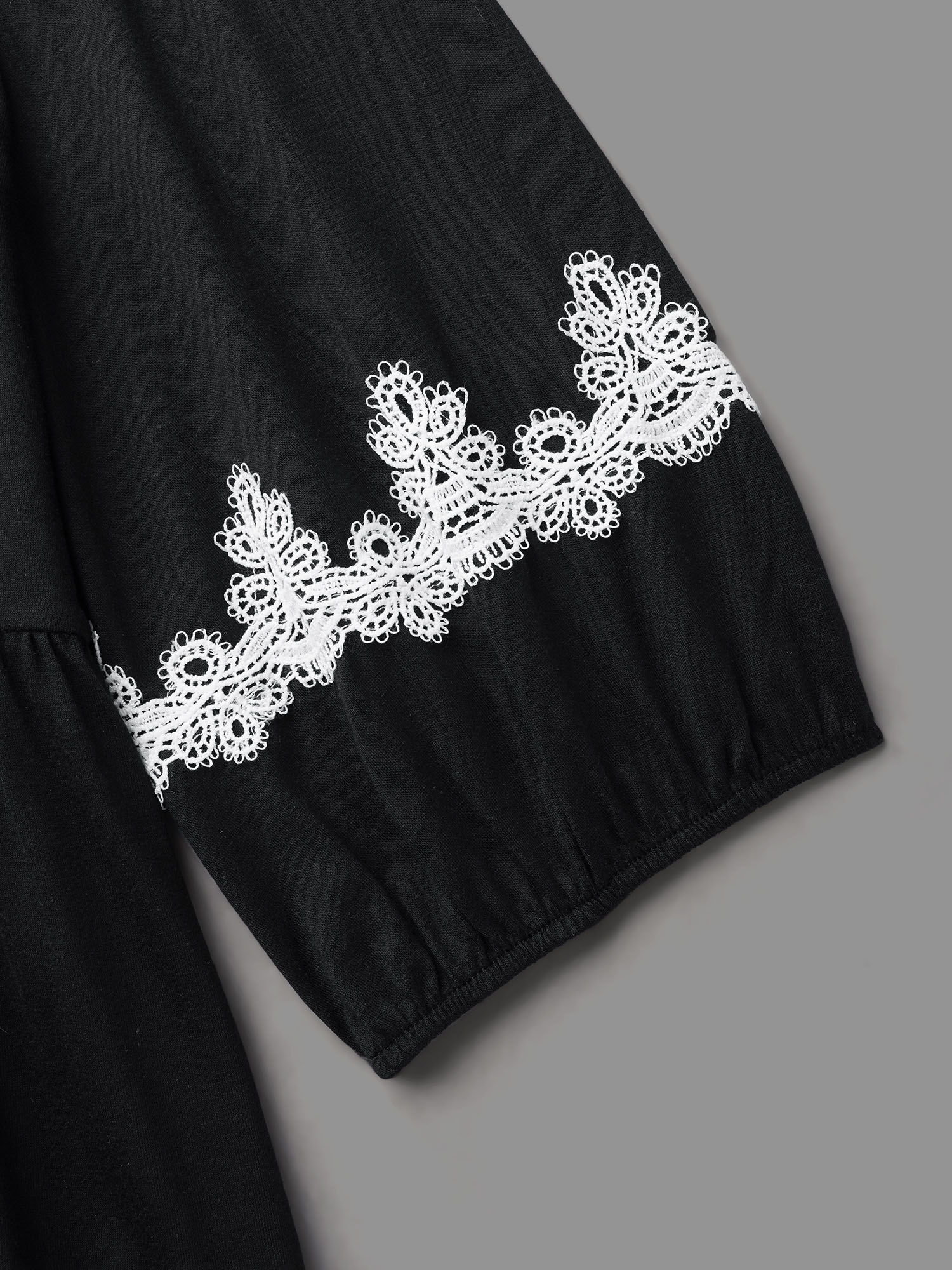 

Plus Size Embroidered Gathered Lantern Sleeve Top Black V-neck Elbow-length sleeve Elegant Jersey Tops