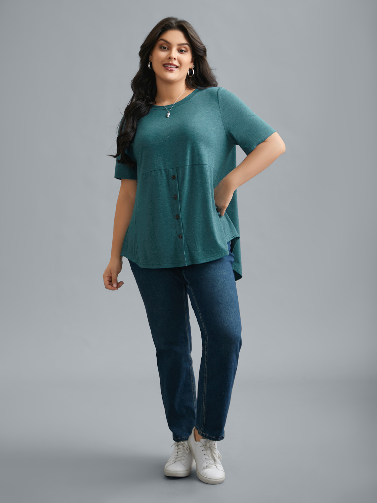 

Plus Size Crew Neck Front Placket Button Top Cyan Round Neck Short sleeve Casual Jersey Tops