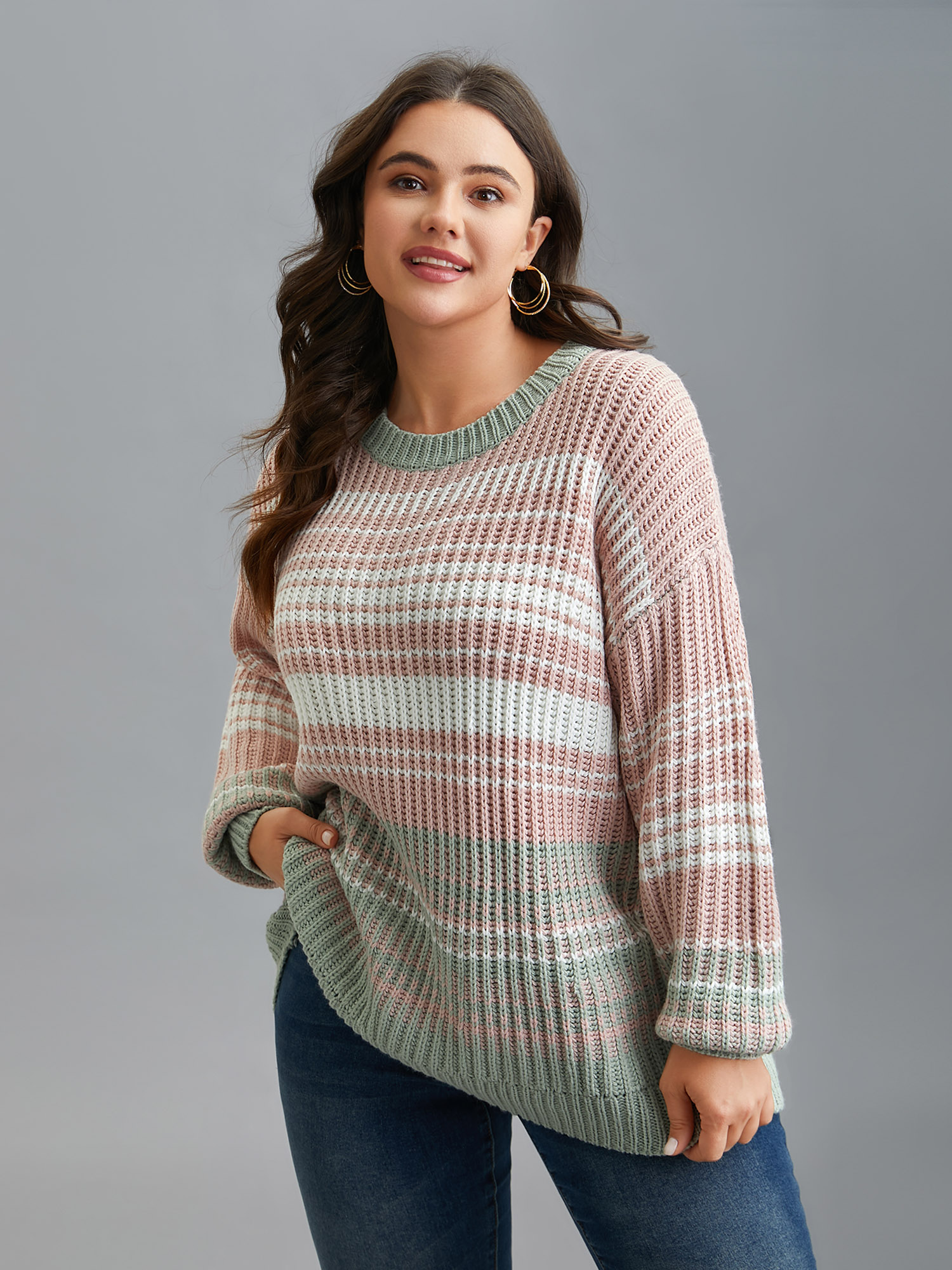 

Plus Size Striped Contrast Colors Ribbed Pullover Greenbean Women Casual Loose Long Sleeve Round Neck Everyday Pullovers BloomChic