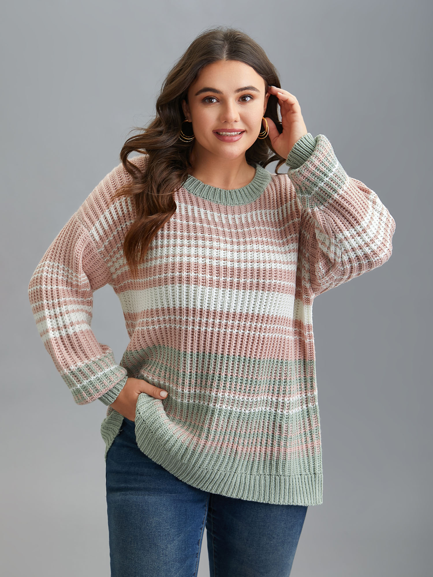 

Plus Size Striped Contrast Colors Ribbed Pullover Greenbean Women Casual Loose Long Sleeve Round Neck Everyday Pullovers BloomChic