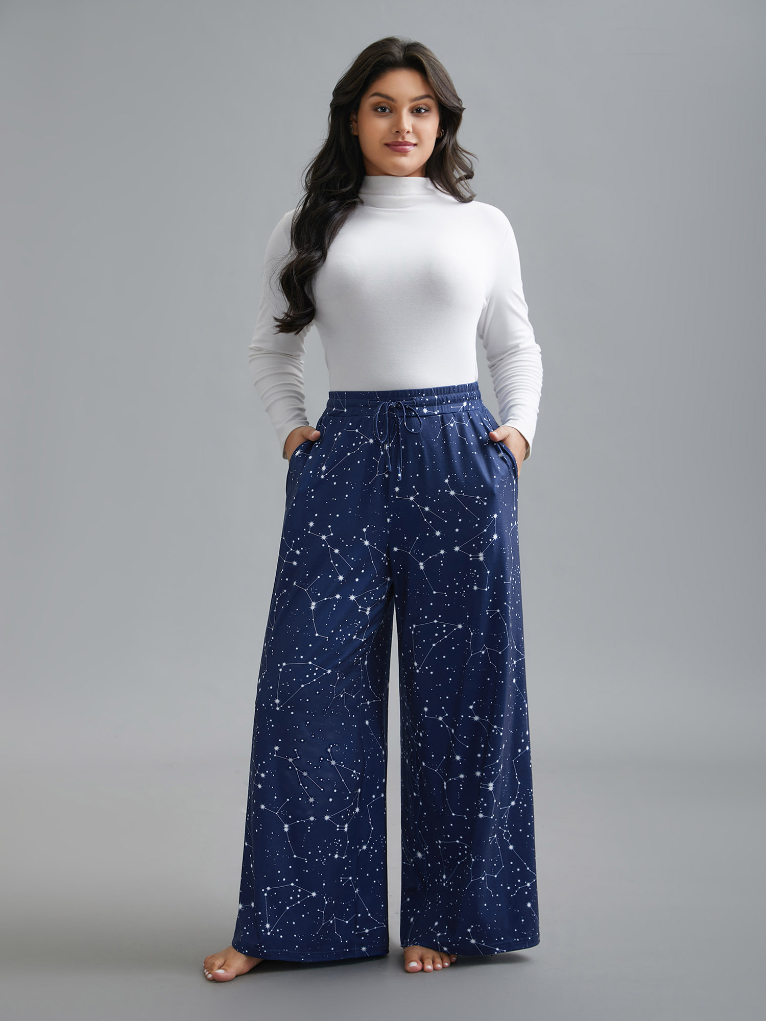 

Plus Size Celestial Print Stretchy Waist Lounge Bottoms Indigo  Bloomchic