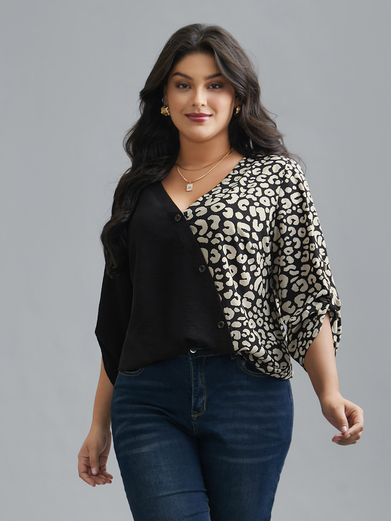 

Plus Size Black Leopard Print Spliced Tab Sleeve Blouse Women Elegant Extra Long Sleeve V-neck Everyday Blouses BloomChic