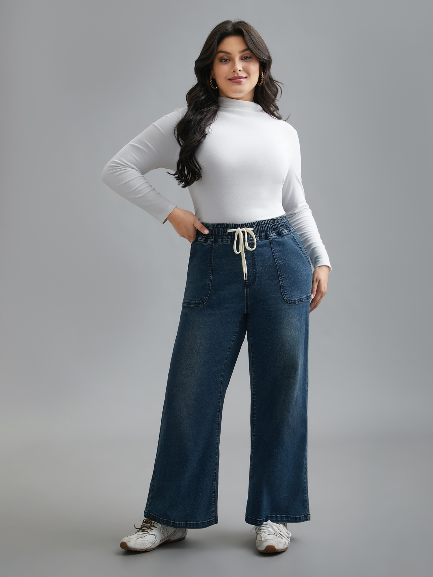 Plus Size Drawstring Stretchy Waist Pocket Jeans Women Denimindigo Casual Drawstring Medium stretch Slanted pocket Jeans BloomChic 10/M 