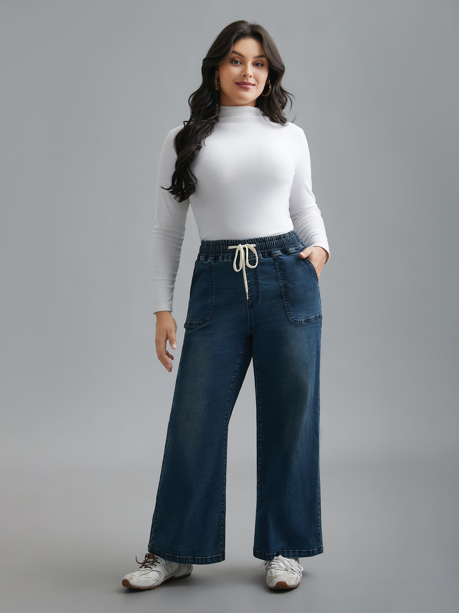 Plus Size Drawstring Stretchy Waist Pocket Jeans Women Denimindigo Casual Drawstring Medium stretch Slanted pocket Jeans BloomChic 10/M 