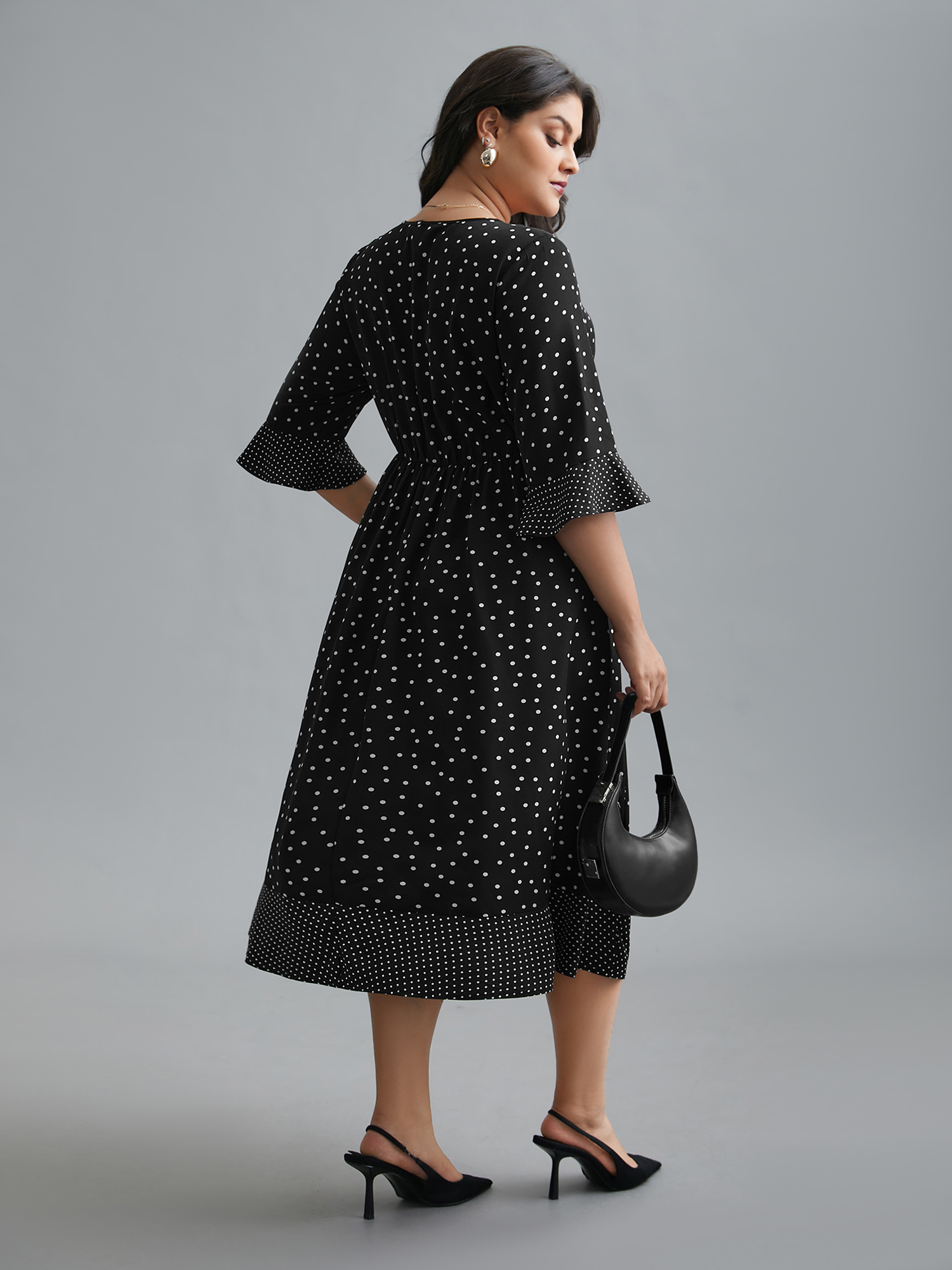 

Plus Size Crew Neck Polka Dot Waist Cinched Dress Black Women At the Office Patchwork Round Neck Elbow-length sleeve Curvy BloomChic