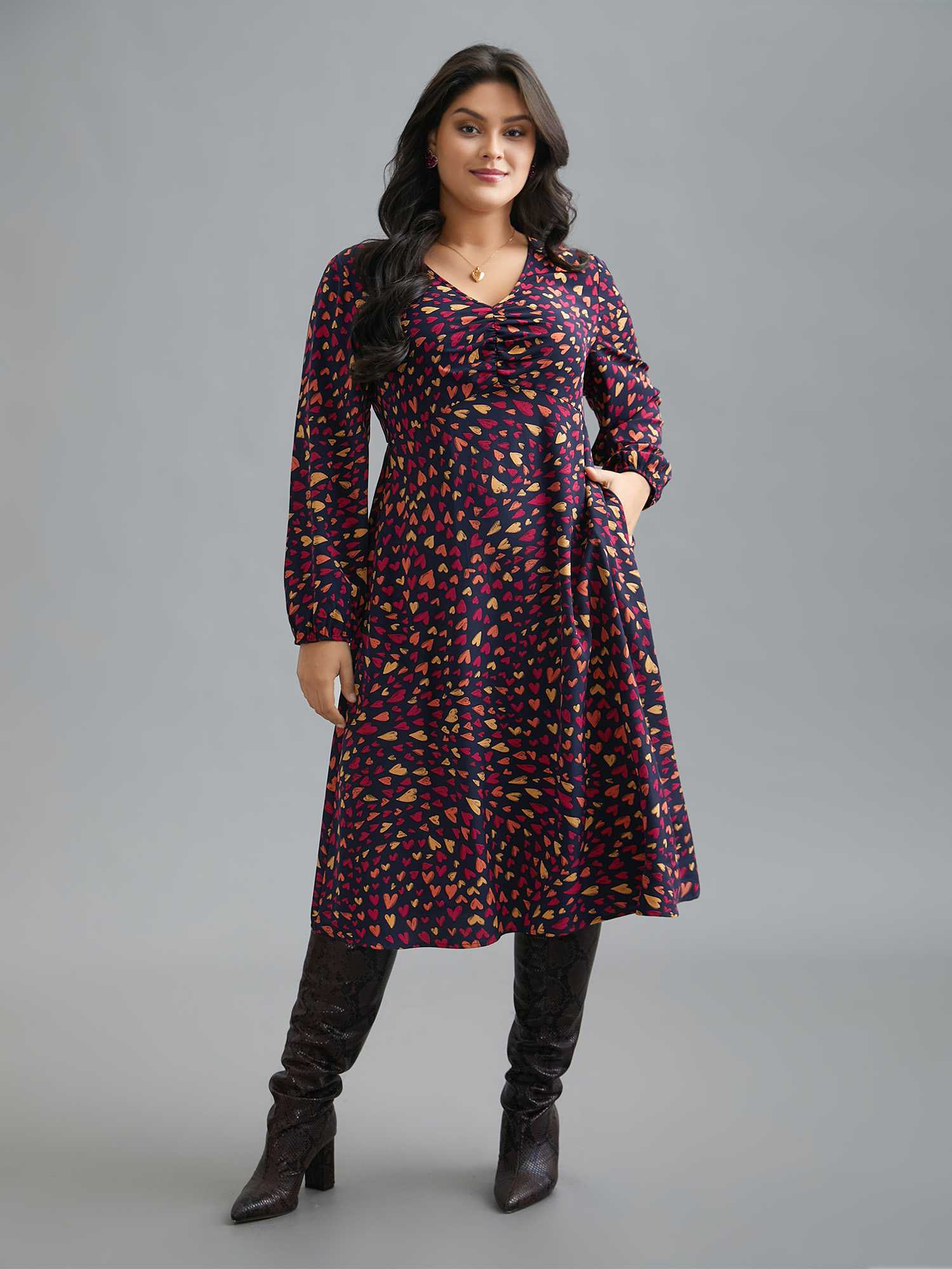 

Plus Size Multi-Color Hearts Pattern Stretchy Waist Dress Indigo Women Elegant Gathered V-neck Long Sleeve Curvy BloomChic